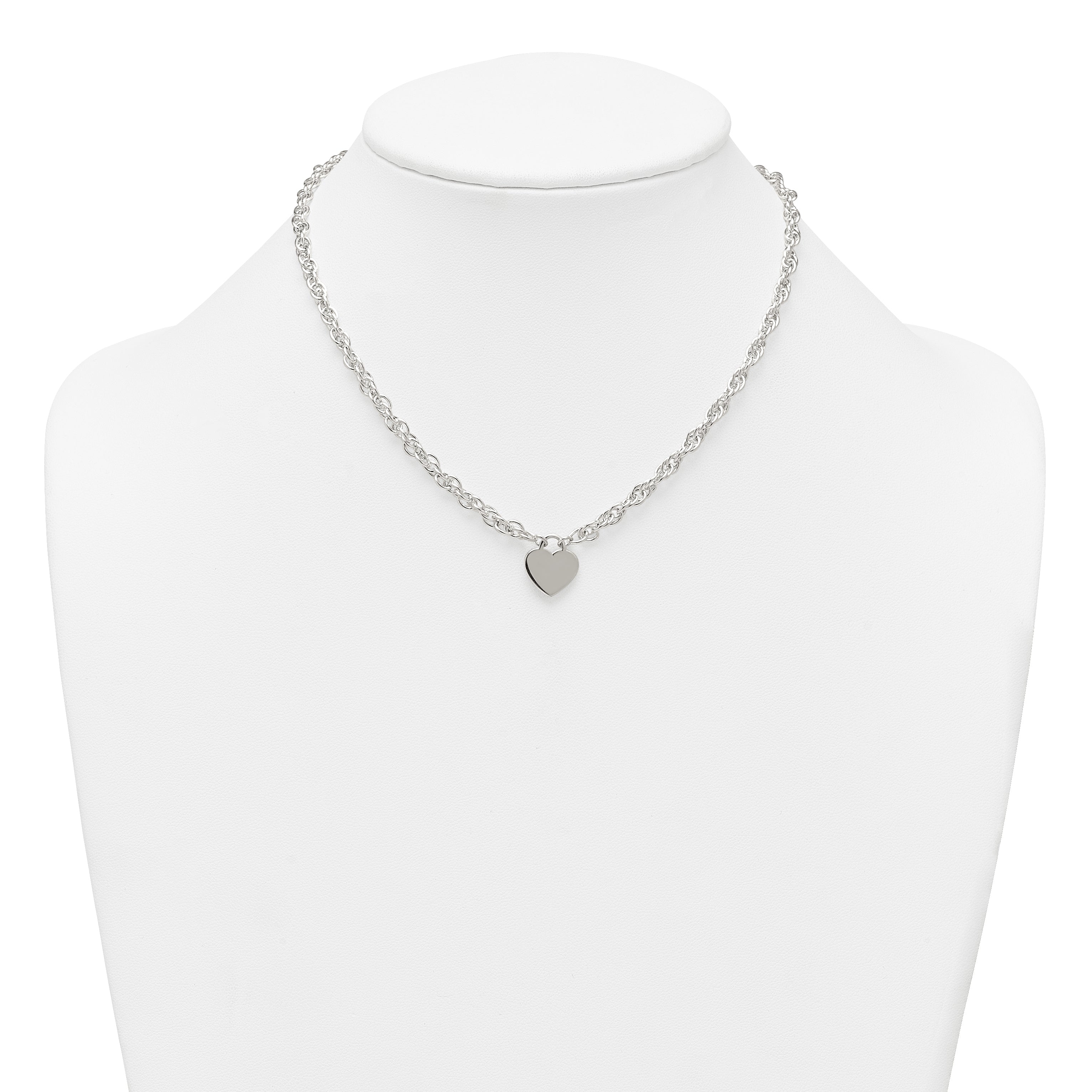 Sterling Silver Polished Fancy Engravable Heart Disc on Rope Chain 16 Inch with 2 Inch Extension Necklace