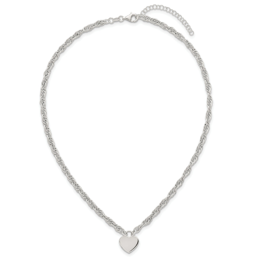 Sterling Silver Polished Fancy Engravable Heart Disc on Rope Chain 16 Inch with 2 Inch Extension Necklace