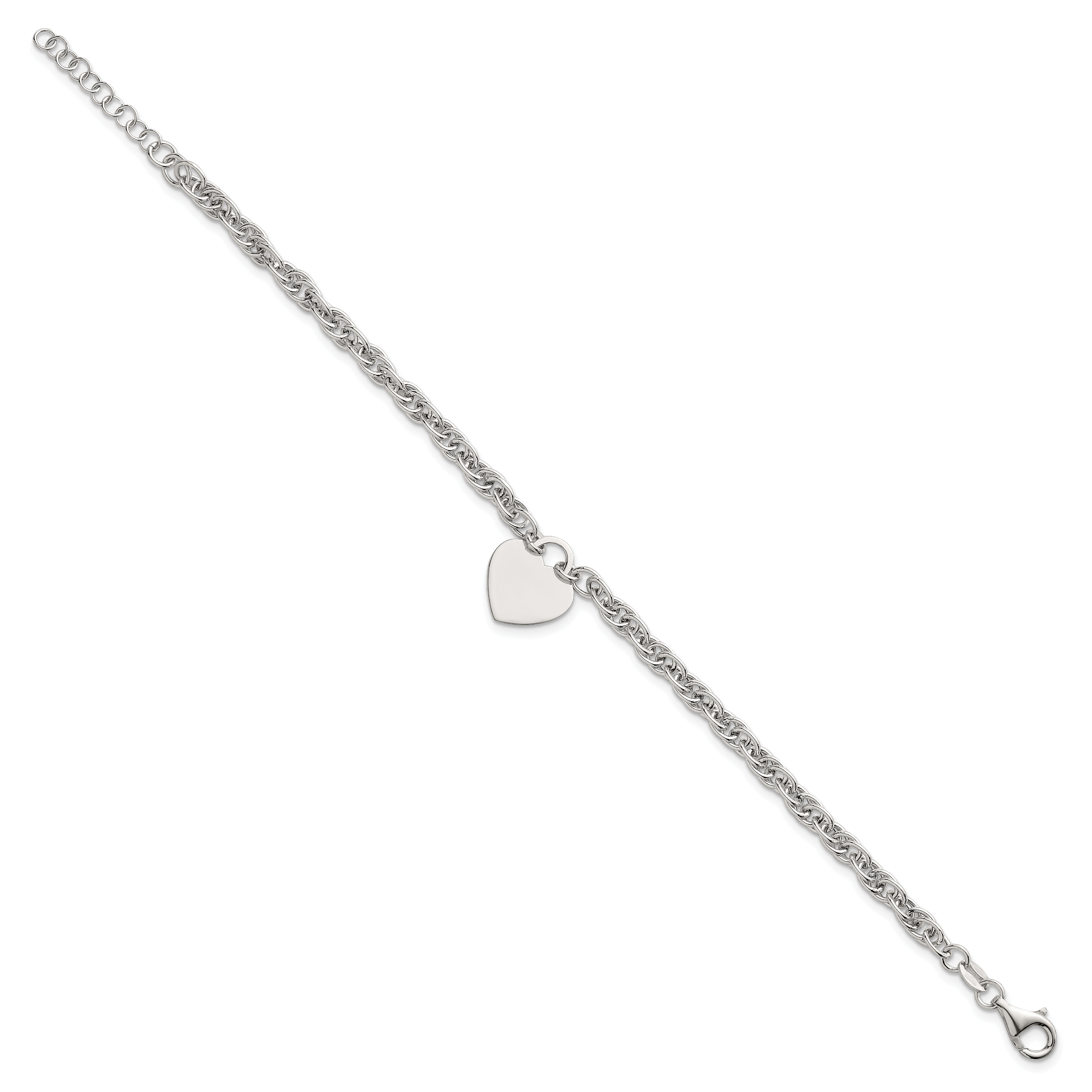 Sterling Silver Polished Fancy Engravable Heart Disc on Rope Chain 7 Inch with 1 Inch Extension Bracelet Secondary image
