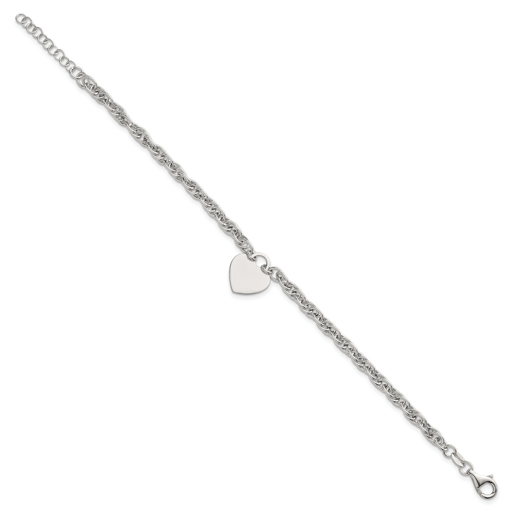 Sterling Silver Polished Fancy Engravable Heart Disc on Rope Chain 7 Inch with 1 Inch Extension Bracelet