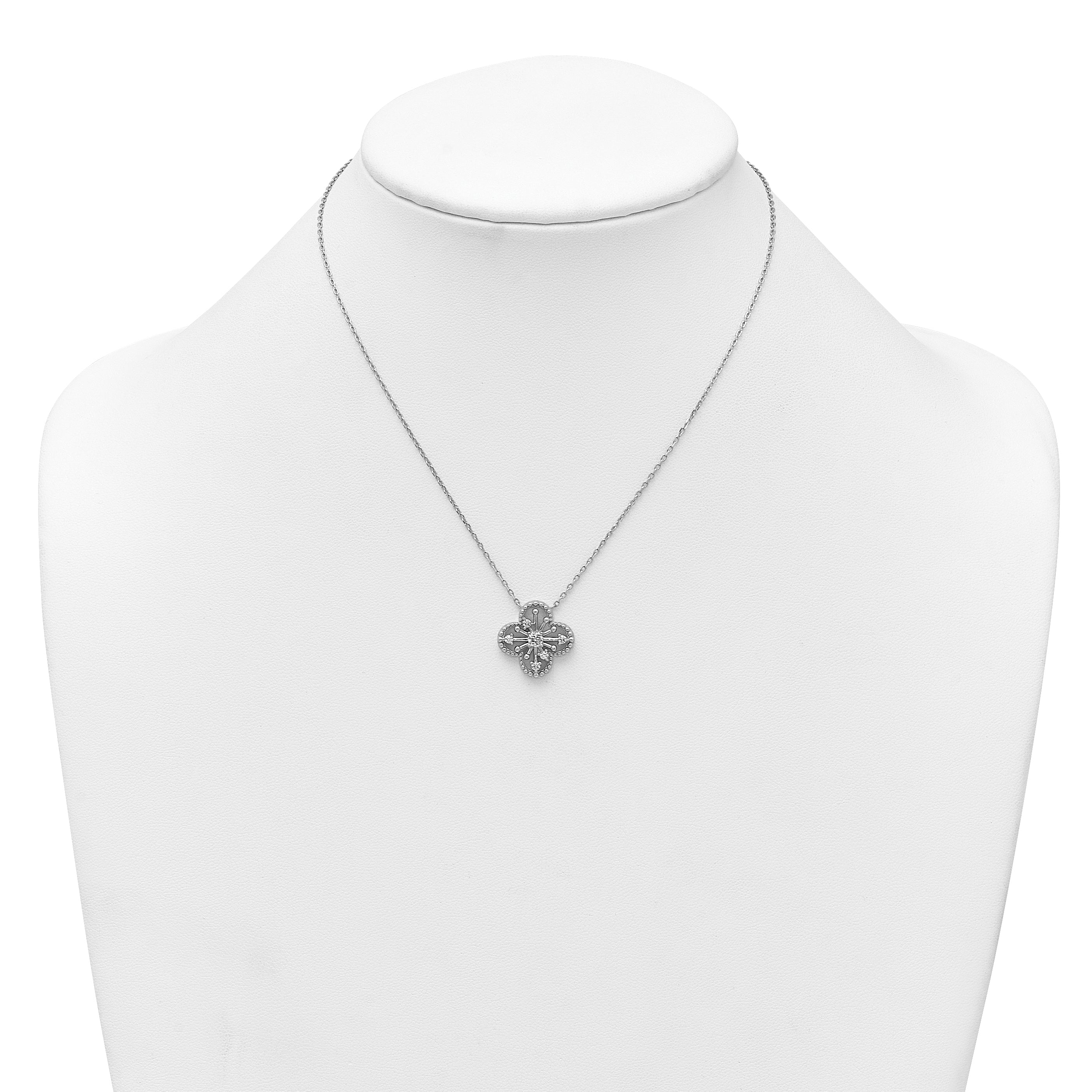 Sterling Silver Rhodium-plated CZ Textured Clover Shape 16 inch with 1.25 inch Extension Necklace