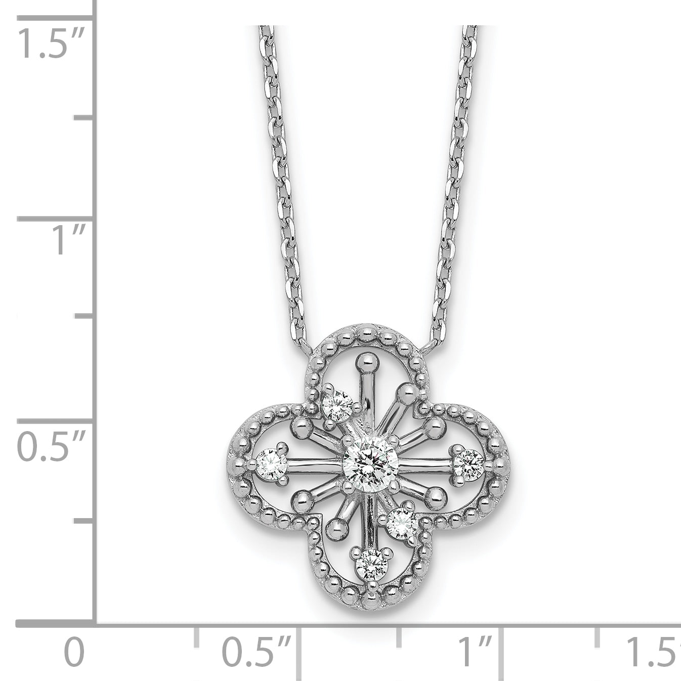 Sterling Silver Rhodium-plated CZ Textured Clover Shape 16 inch with 1.25 inch Extension Necklace