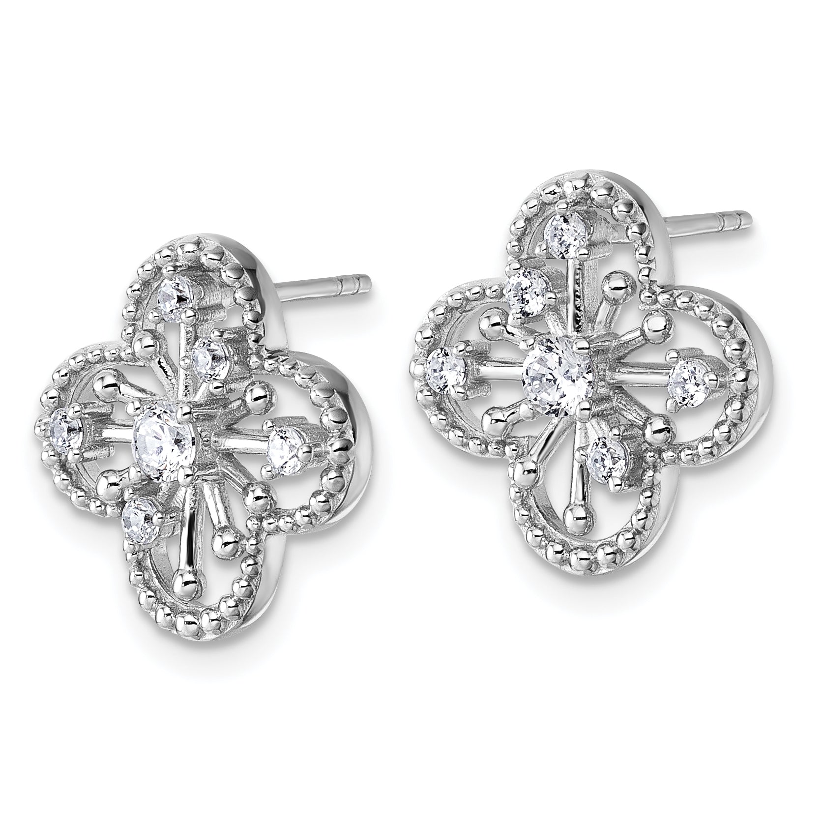 Sterling Silver Rhodium-plated CZ Textured Clover Shape Post Earrings Secondary image
