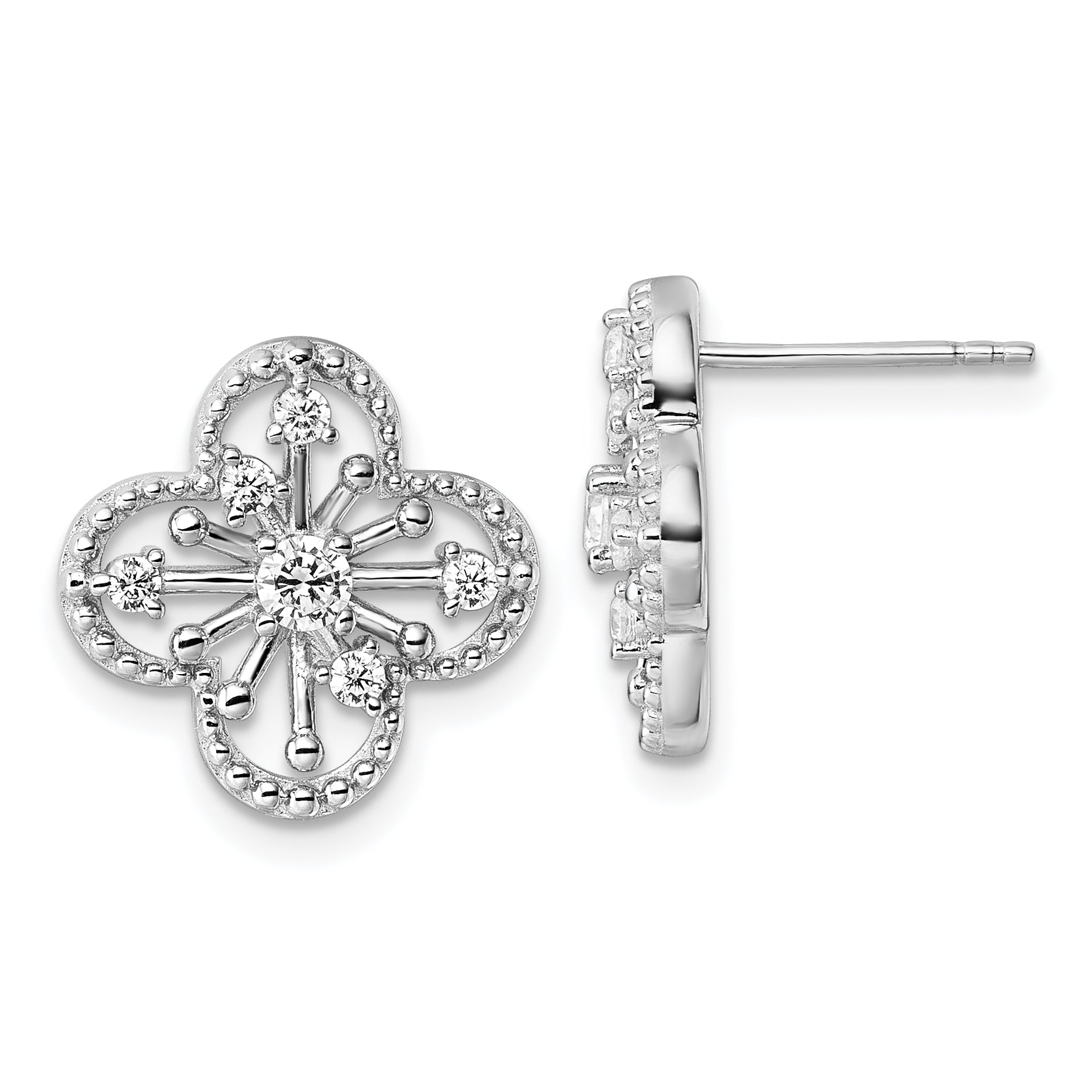 Sterling Silver Rhodium-plated CZ Textured Clover Shape Post Earrings Main image