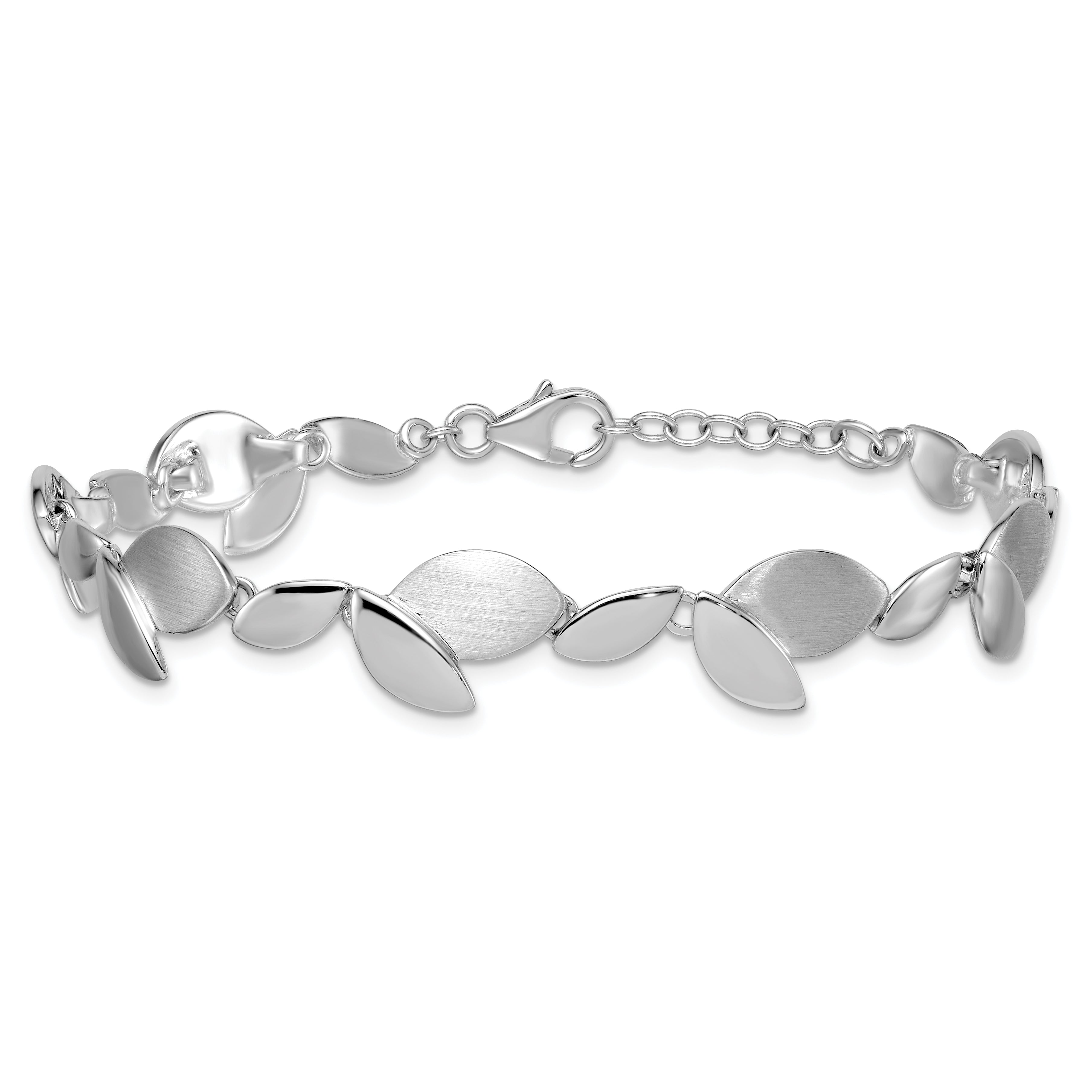 Sterling Silver Rhodium-plated Brushed and Polished Fancy Leaves 7.5 inch with 0.75 inch Extension Bracelet