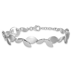 Sterling Silver Rhodium-plated Brushed and Polished Fancy Leaves 7.5 inch with 0.75 inch Extension Bracelet