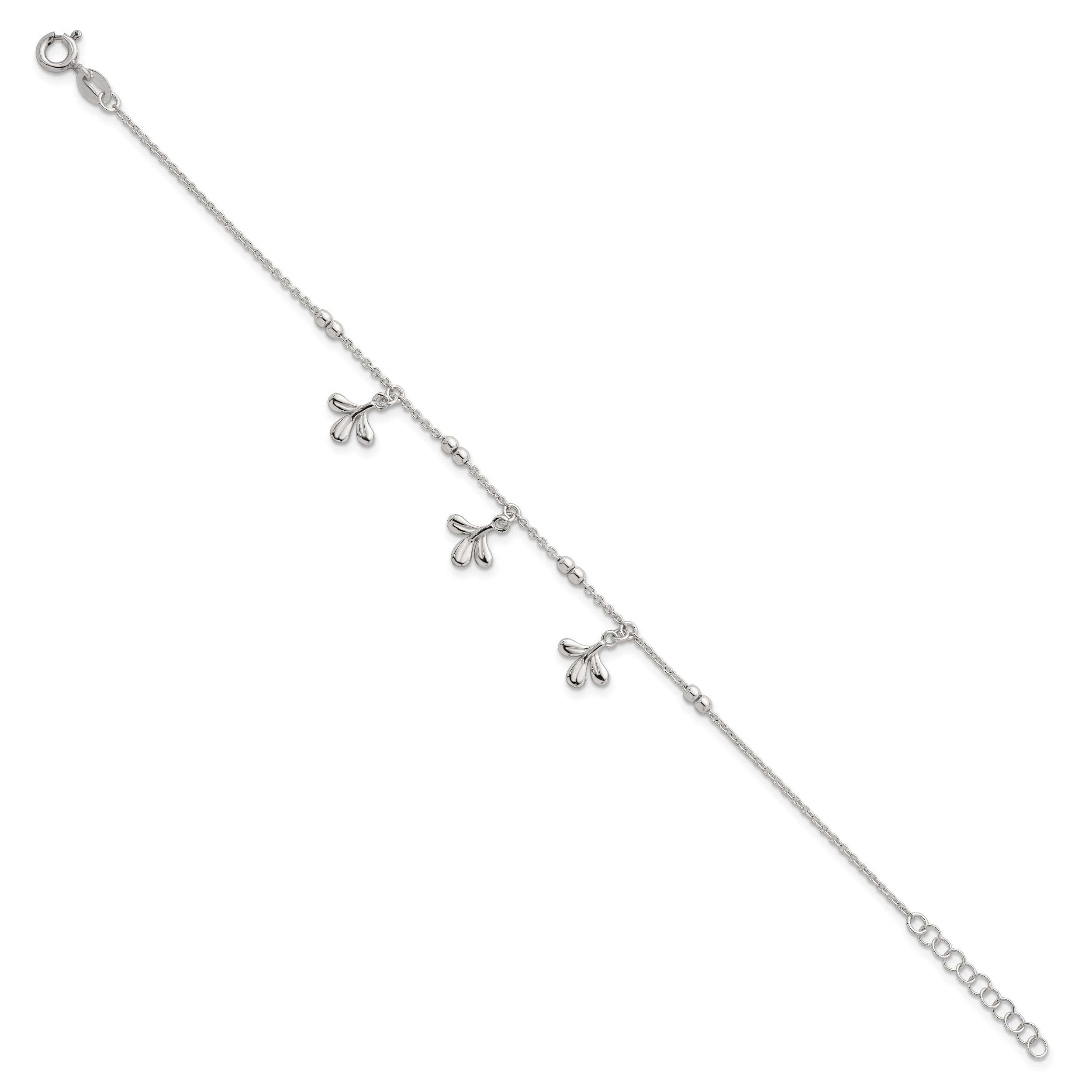 Sterling Silver Polished and Beaded with Three Leaf Dangles 7 inch with 1 inch Extension Bracelet