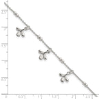 Sterling Silver Polished and Beaded with Three Leaf Dangles 7 inch with 1 inch Extension Bracelet