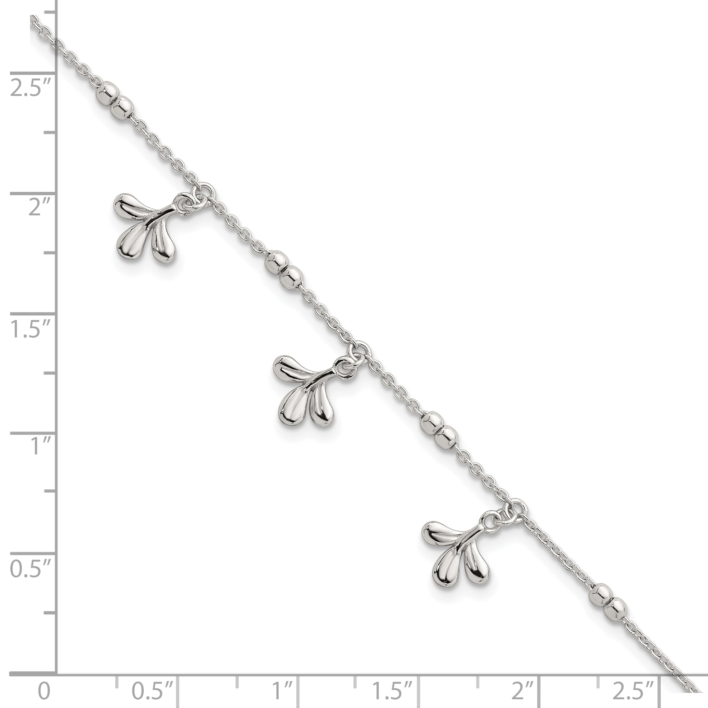 Sterling Silver Polished and Beaded with Three Leaf Dangles 7 inch with 1 inch Extension Bracelet