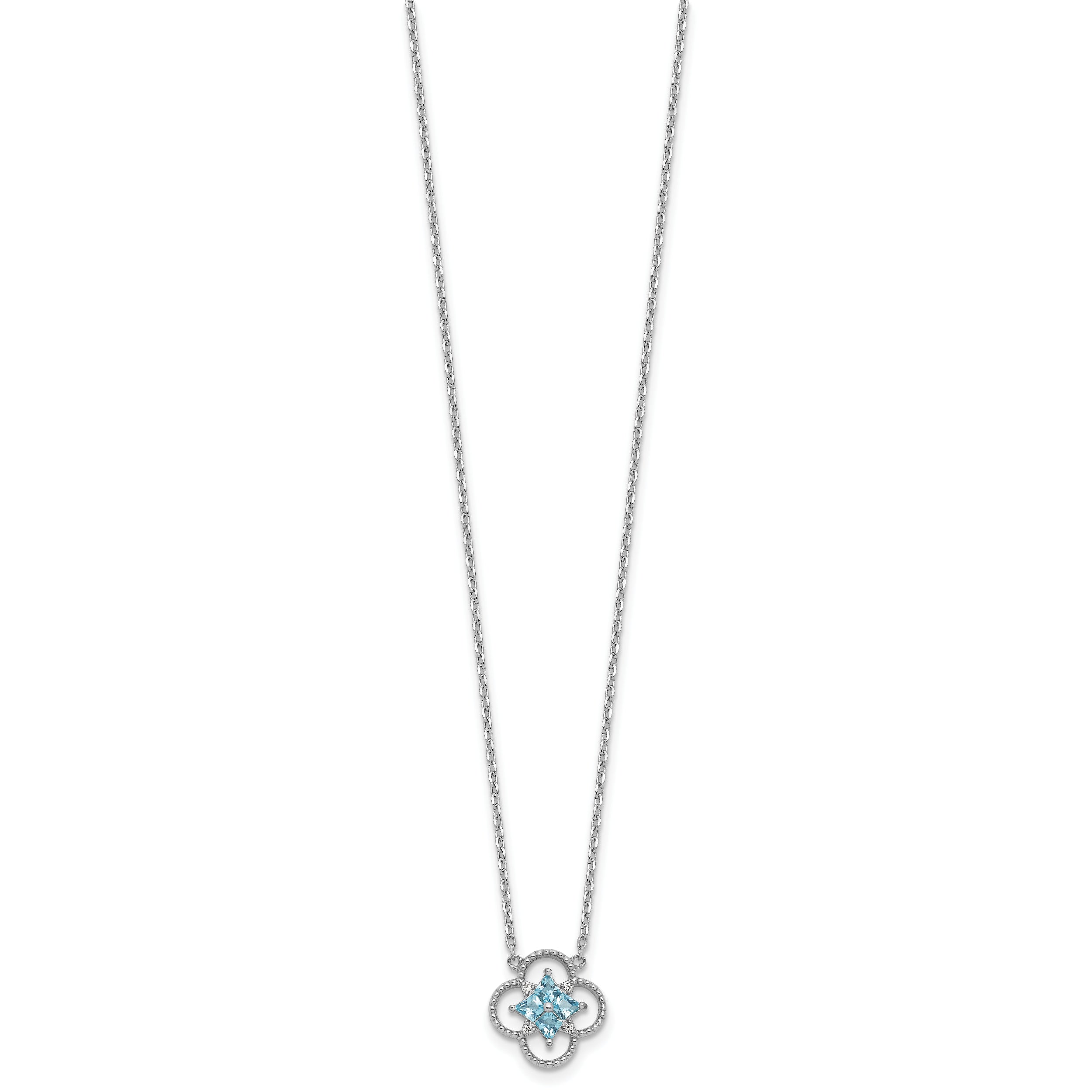 Sterling Silver Rhodium-plated Blue CZ Textured Clover Shape 16 inch with 1.5 inch Extension Necklace