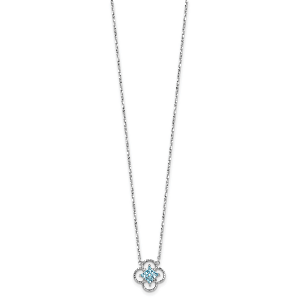 Sterling Silver Rhodium-plated Blue CZ Textured Clover Shape 16 inch with 1.5 inch Extension Necklace