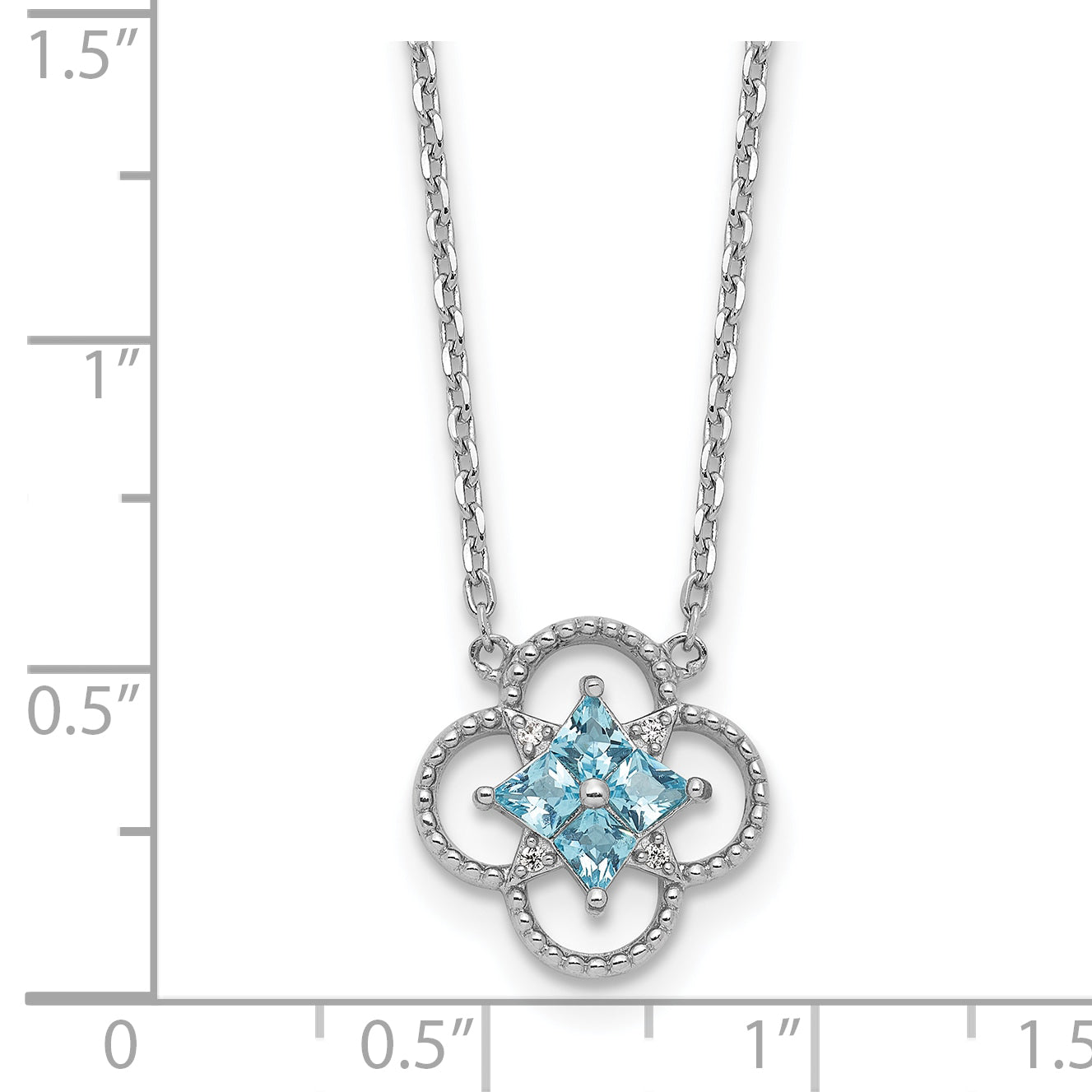Sterling Silver Rhodium-plated Blue CZ Textured Clover Shape 16 inch with 1.5 inch Extension Necklace