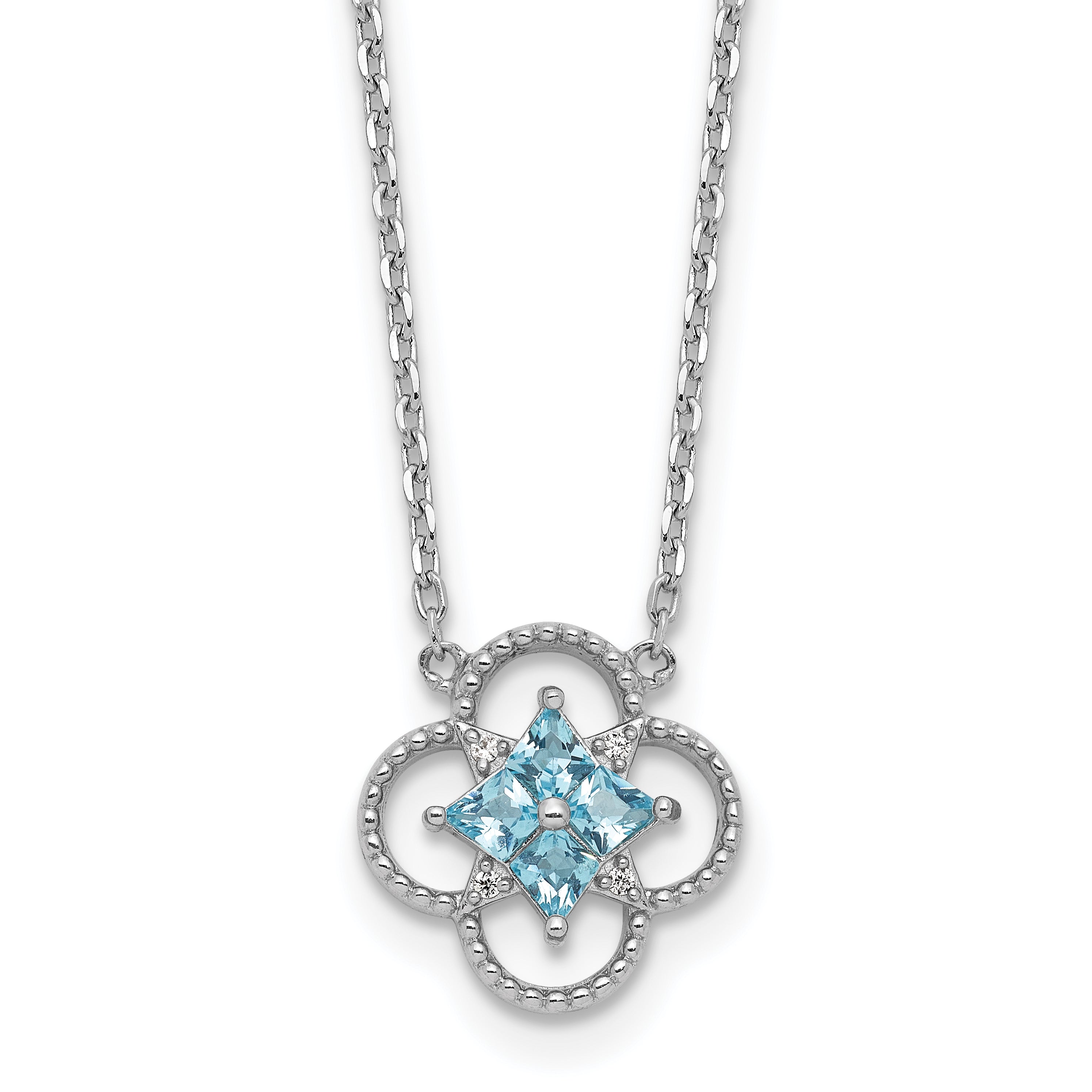 Sterling Silver Rhodium-plated Blue CZ Textured Clover Shape 16 inch with 1.5 inch Extension Necklace Main image
