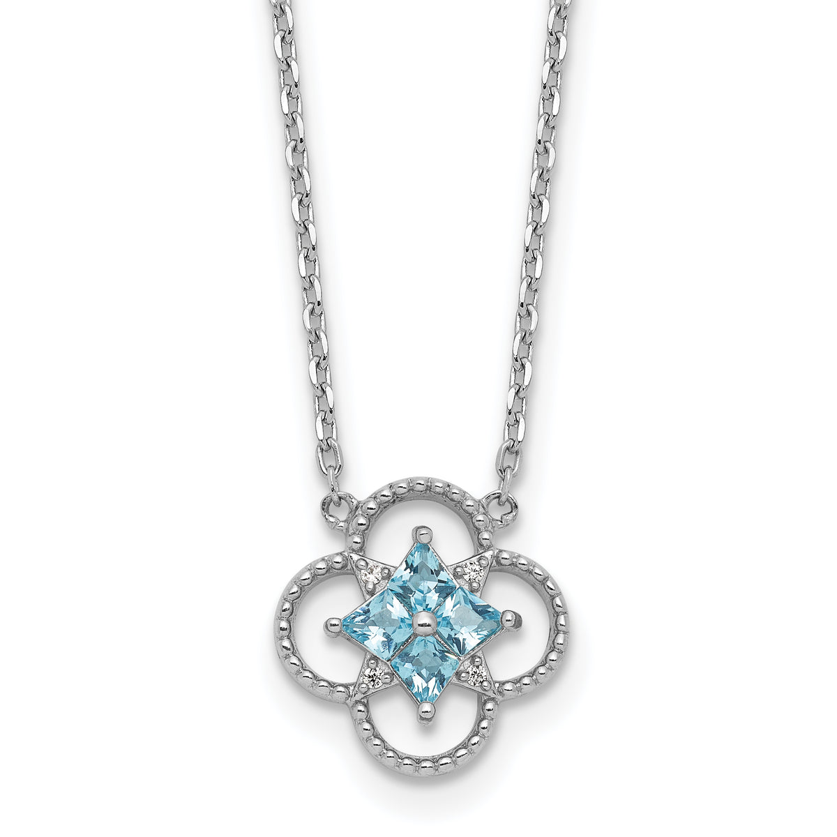 Sterling Silver Rhodium-plated Blue CZ Textured Clover Shape 16 inch with 1.5 inch Extension Necklace