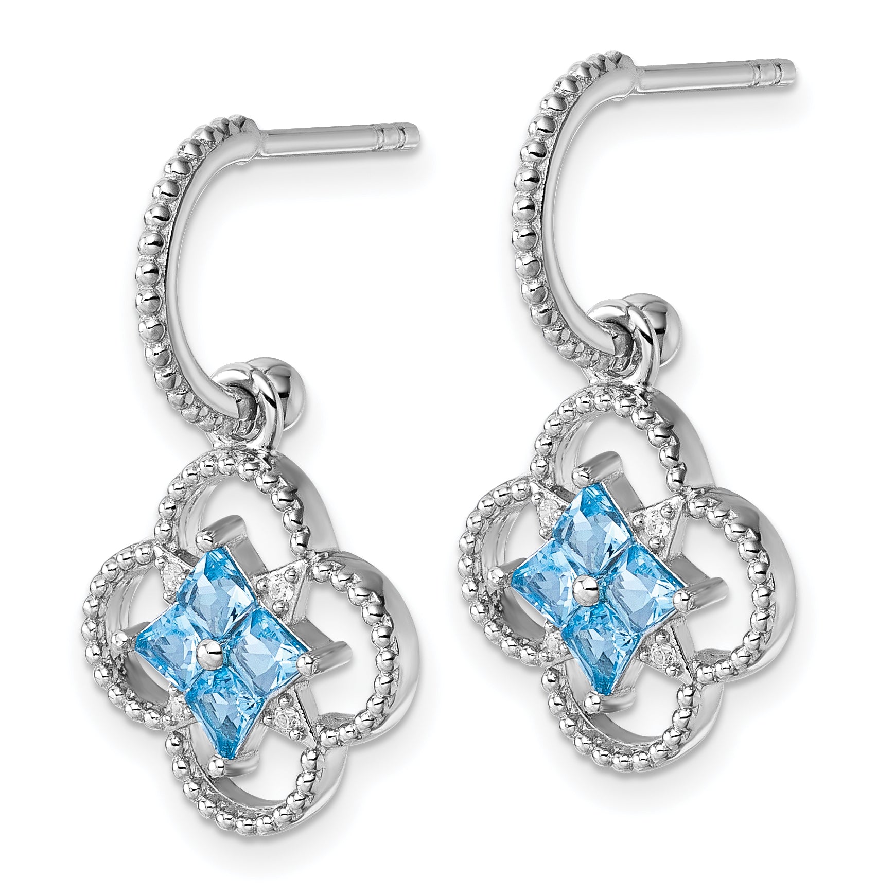 Sterling Silver Rhodium-plated Blue CZ Textured Removeable Clover J-Hoop Post Dangle Earrings Secondary image