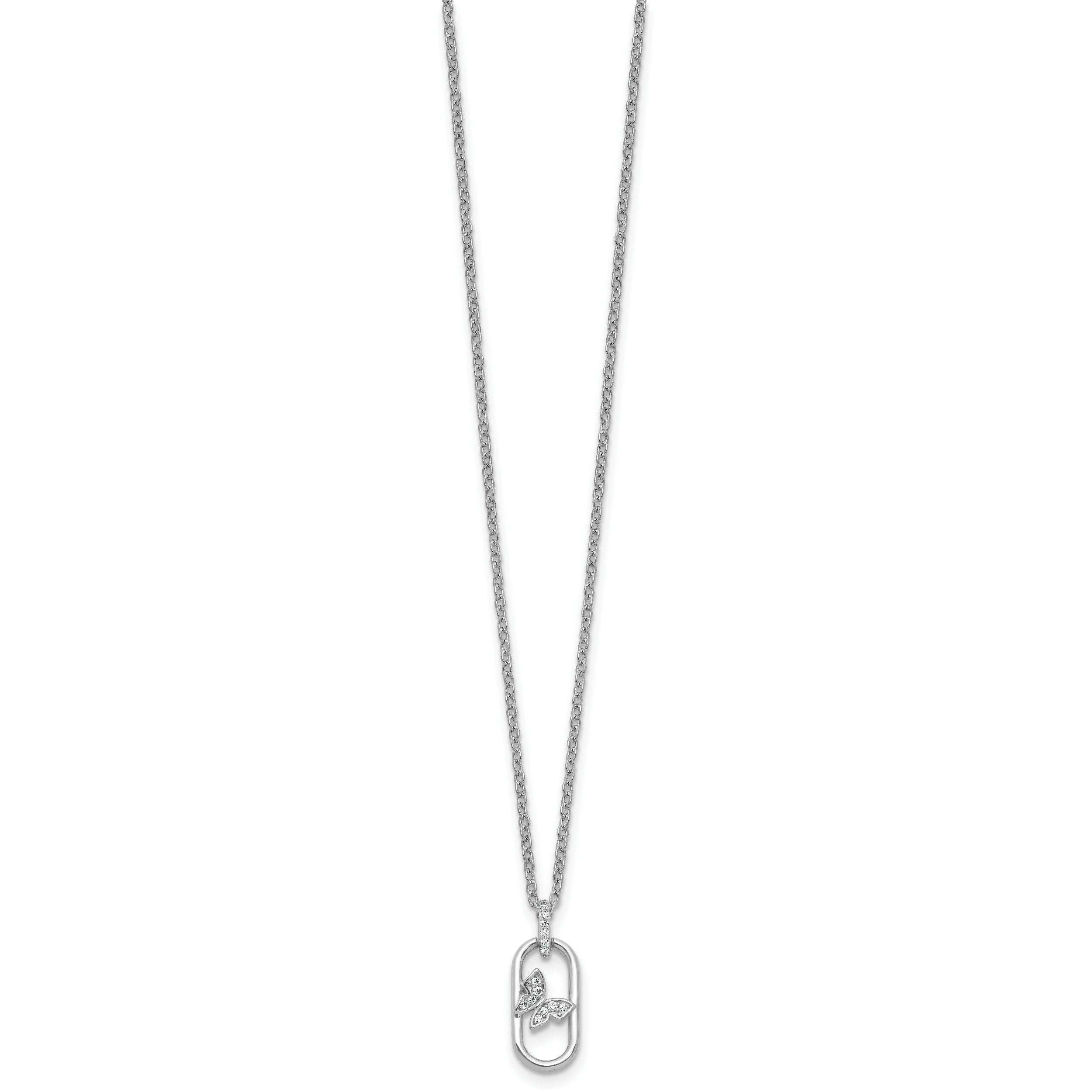 Sterling Silver Rhodium-plated CZ Oval with Butterfly 16 inch with 1.5 inch Extension Necklace
