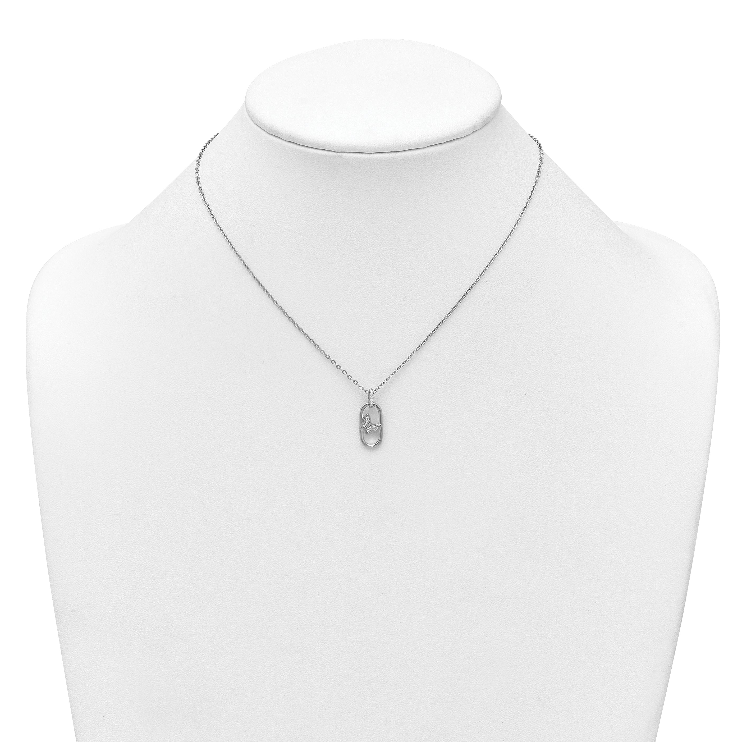 Sterling Silver Rhodium-plated CZ Oval with Butterfly 16 inch with 1.5 inch Extension Necklace