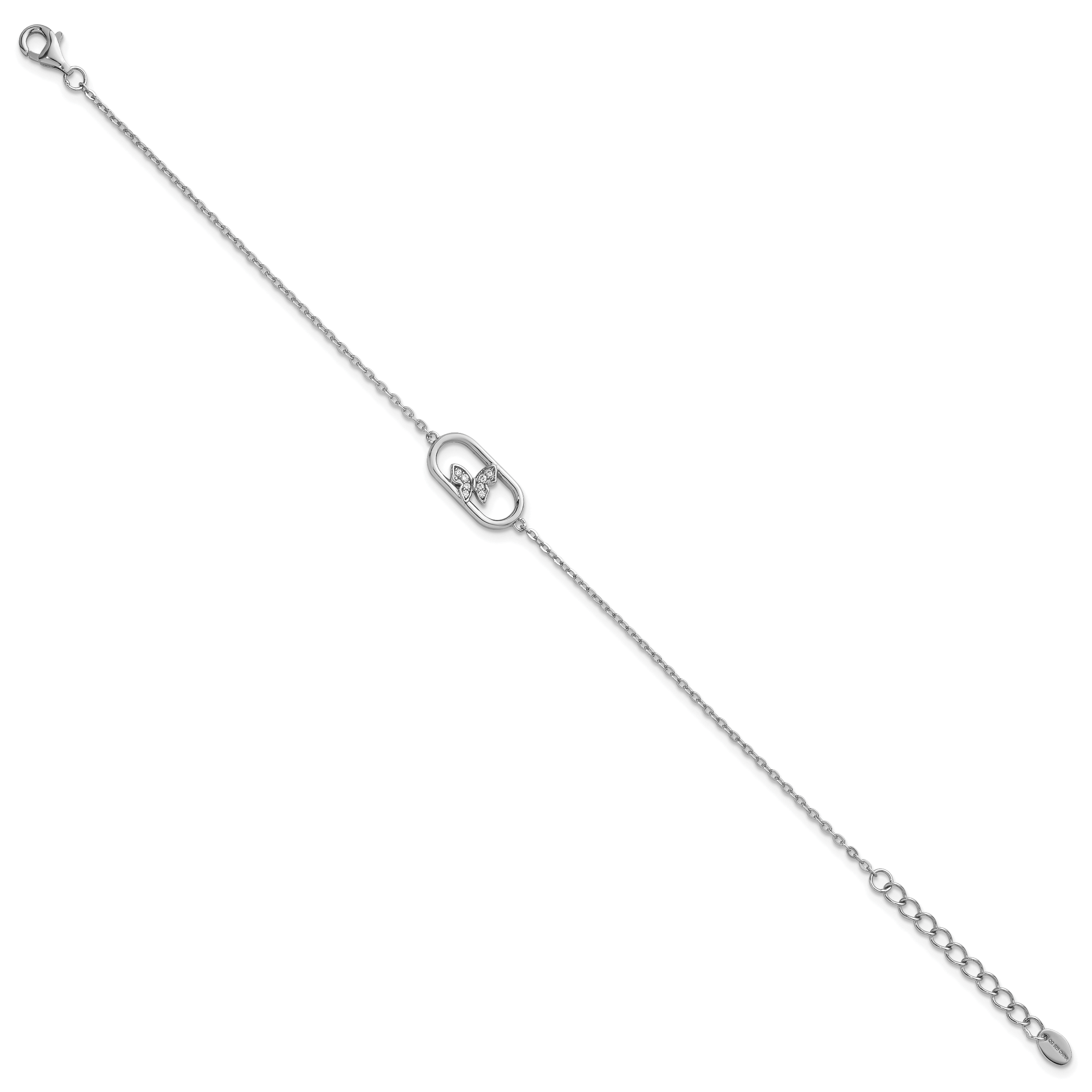 Sterling Silver Rhodium-plated CZ Oval with Butterfly 7 inch with 1 inch Extension Bracelet Secondary image