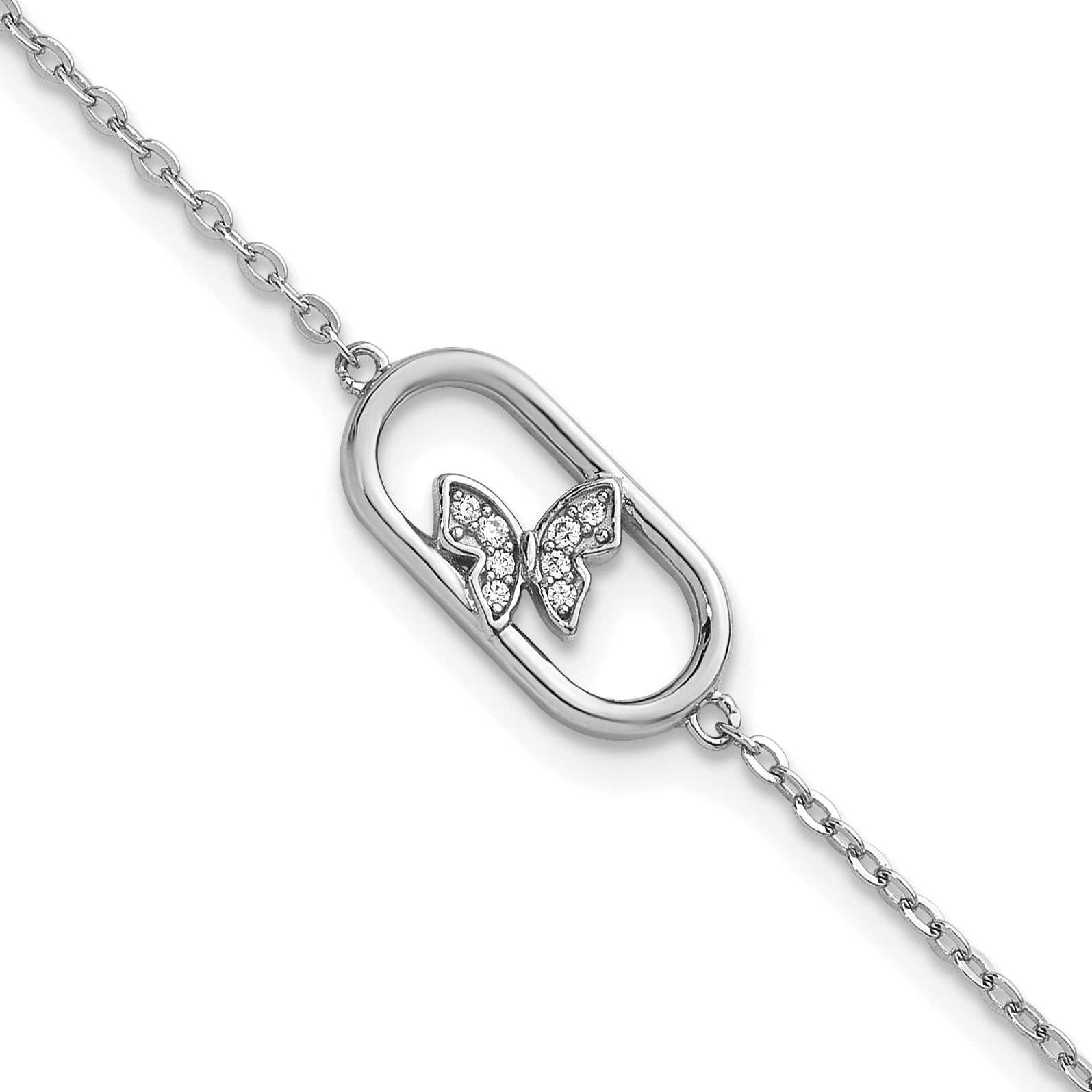 Sterling Silver Rhodium-plated CZ Oval with Butterfly 7 inch with 1 inch Extension Bracelet Main image