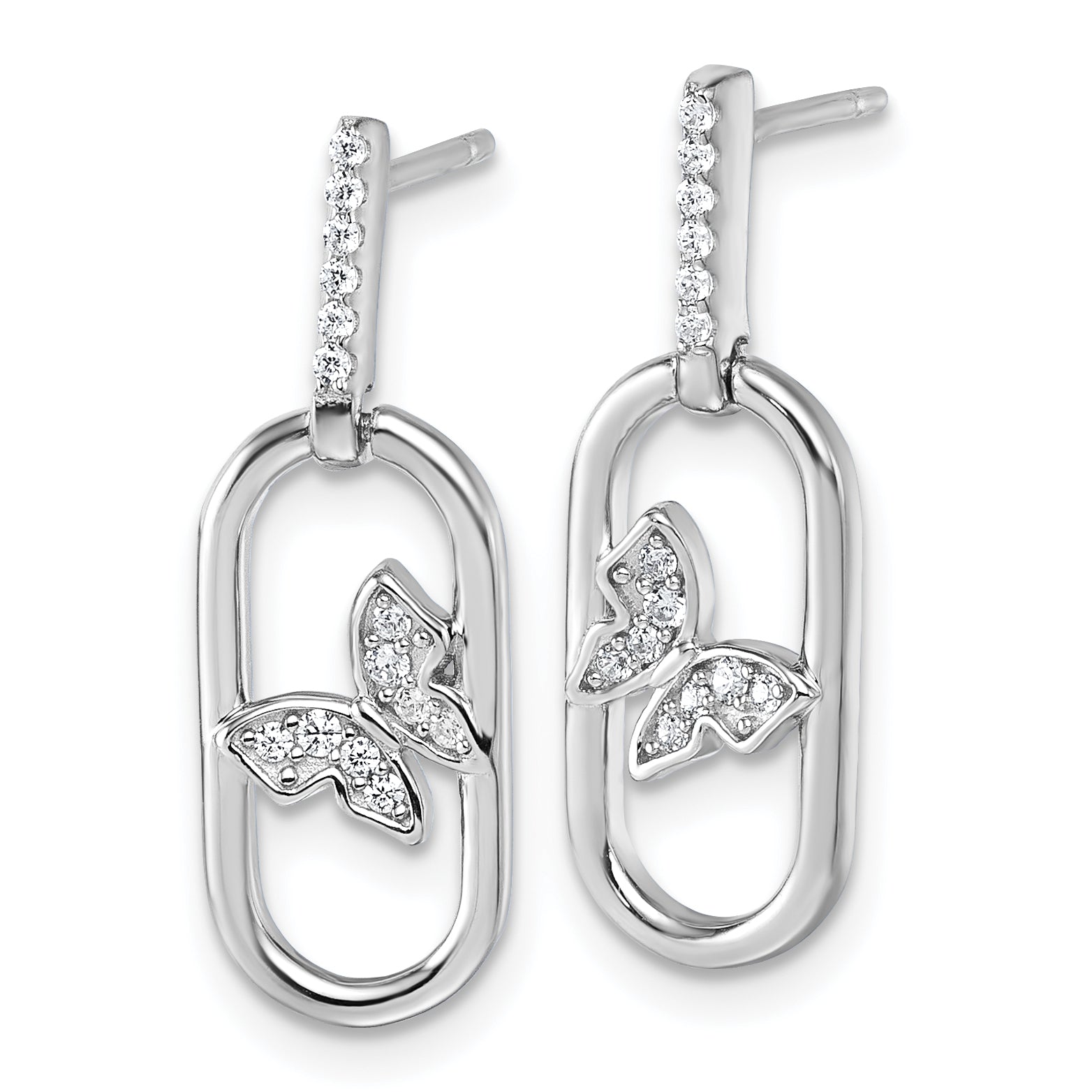 Sterling Silver Rhodium-plated CZ Oval Dangle With Butterfly Post Earrings Secondary image