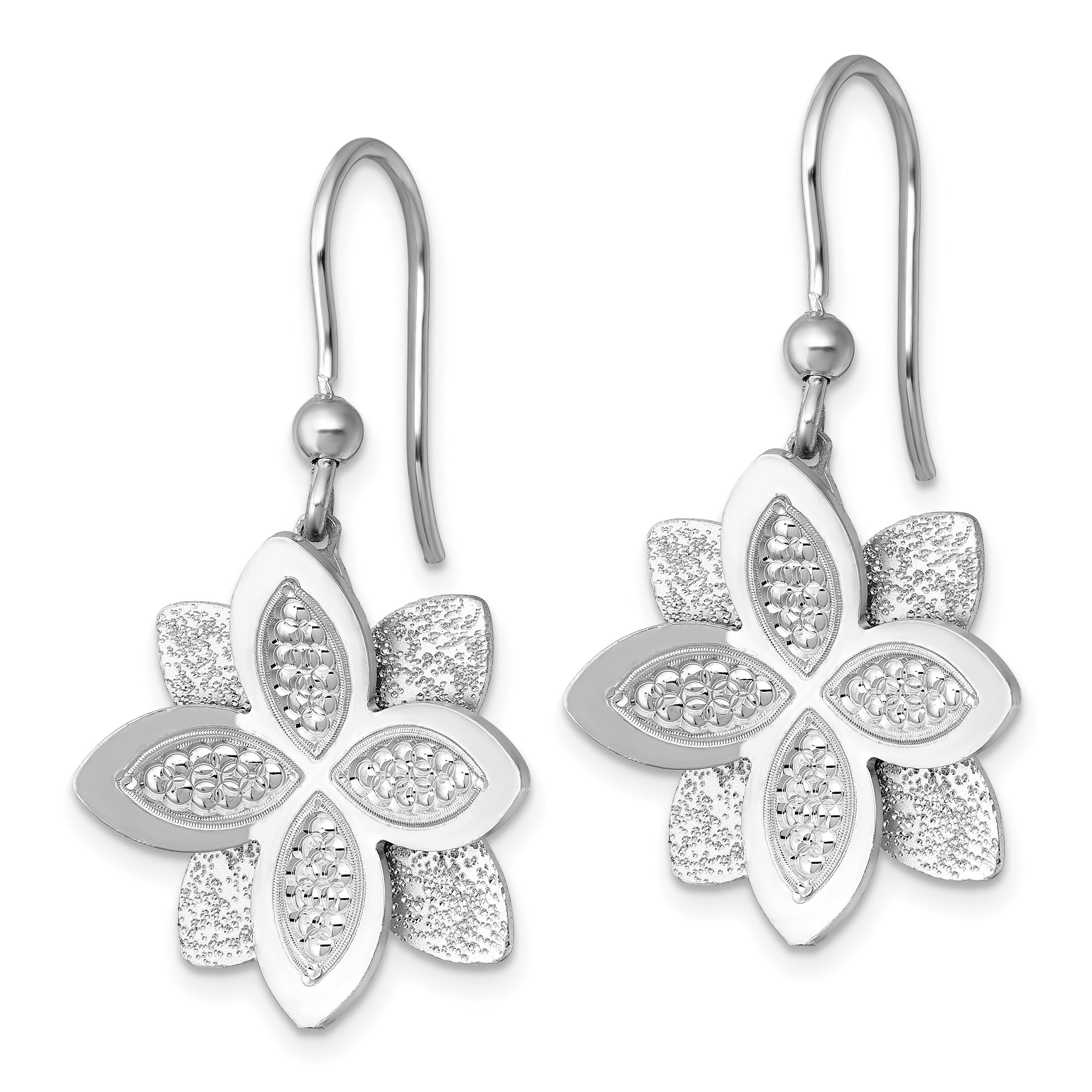 Sterling Silver Rhodium-plated Polished Brushed and Textured Flower Shepherd Hook Dangle Earrings