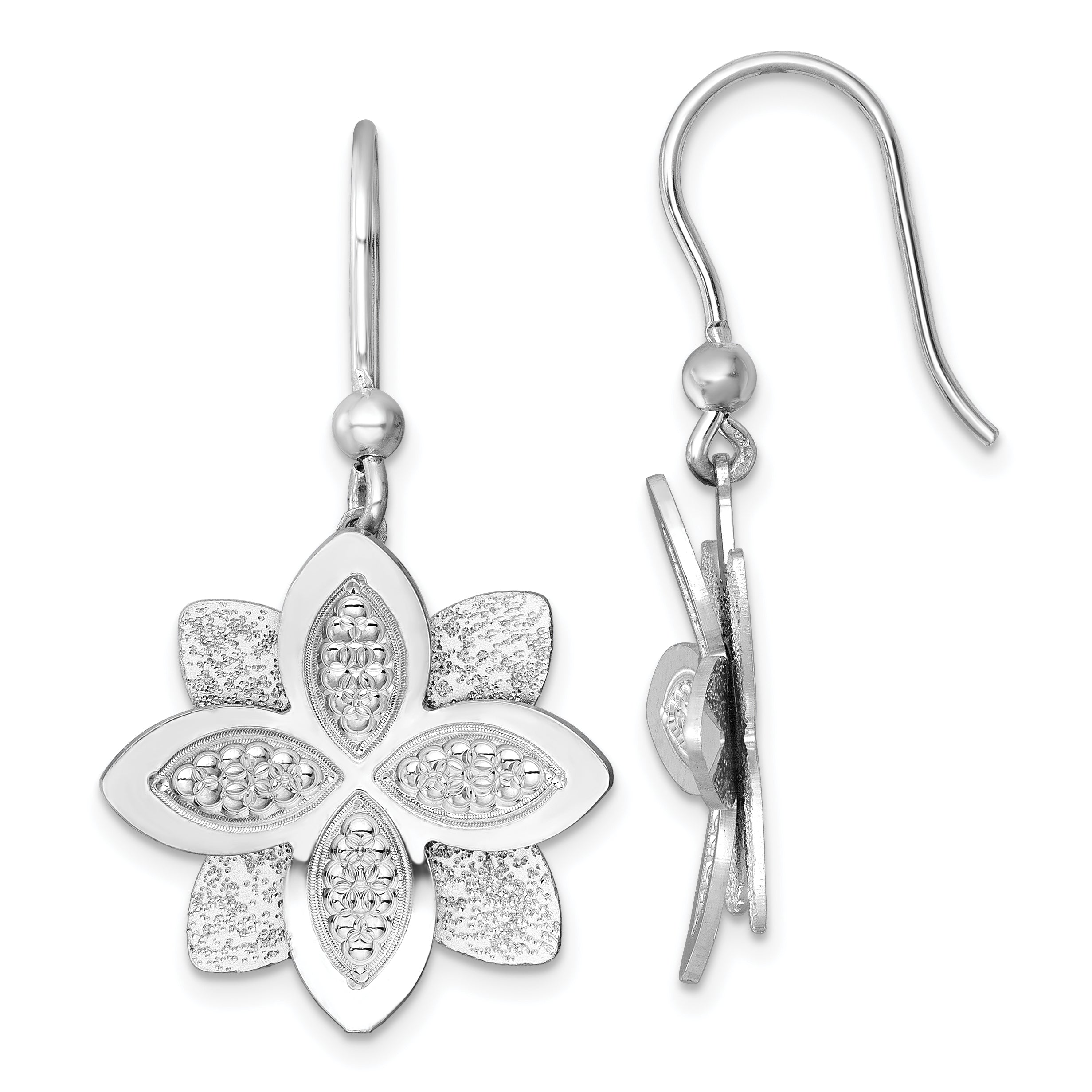 Sterling Silver Rhodium-plated Polished Brushed and Textured Flower Shepherd Hook Dangle Earrings