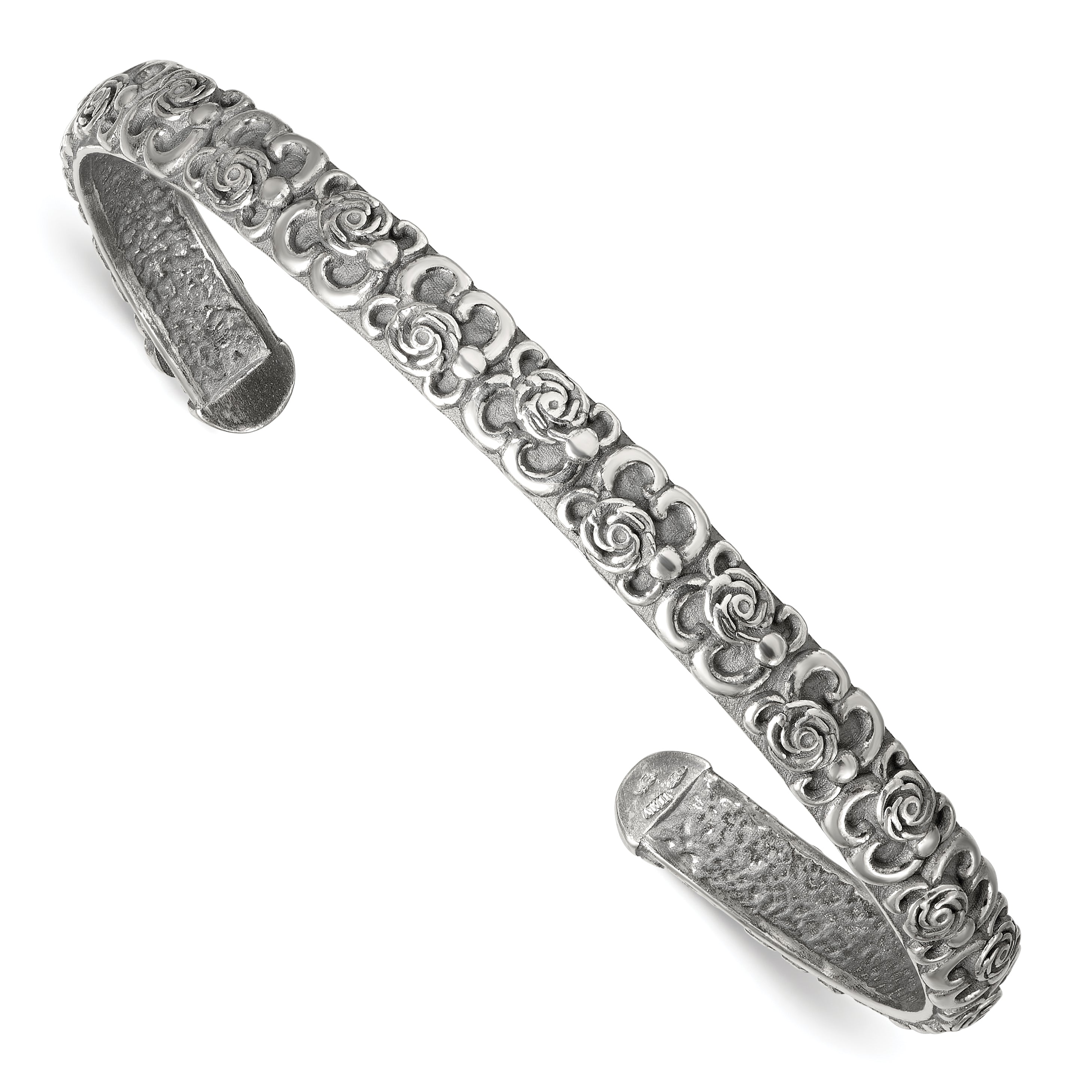 Sterling Silver Antiqued Floral 6.5mm Cuff Bangle Bracelet Main image