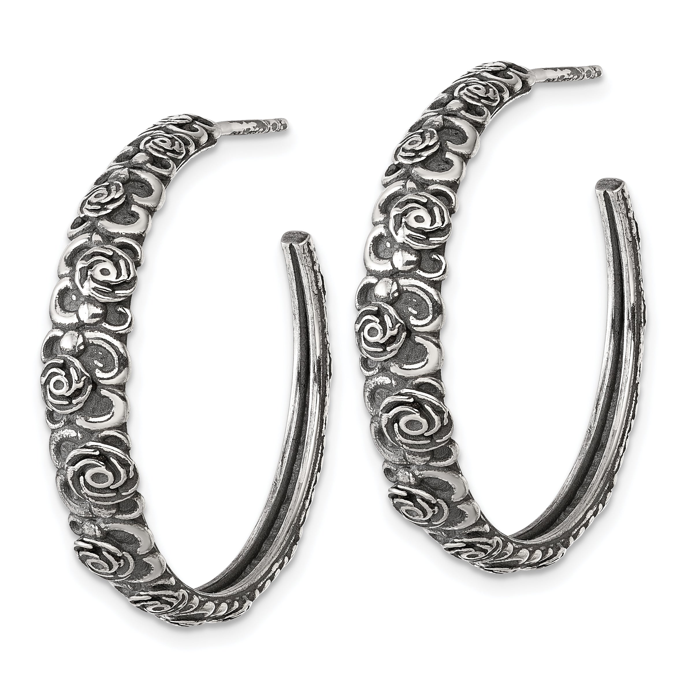 Sterling Silver Antiqued Graduated Floral 5.75 x 32mm C-Hoop Post Earrings