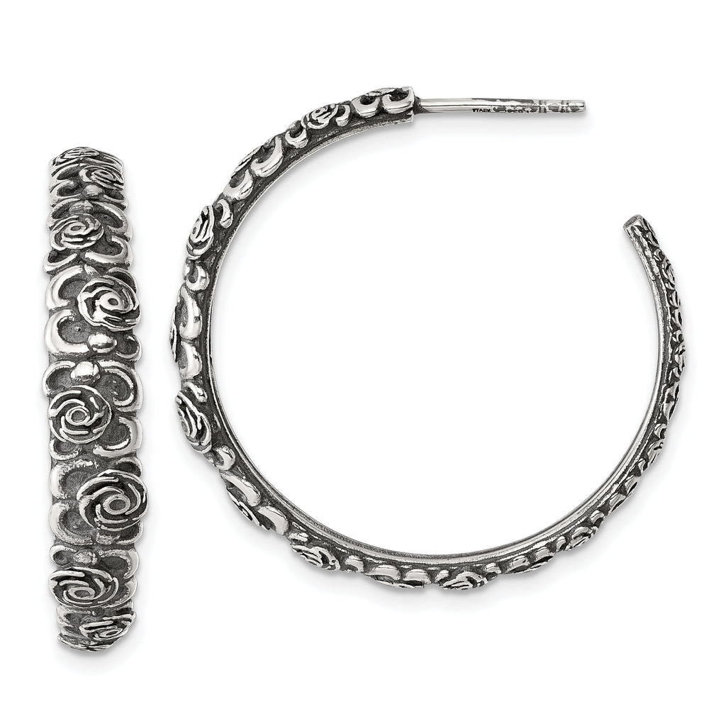 Sterling Silver Antiqued Graduated Floral 5.75 x 32mm C-Hoop Post Earrings