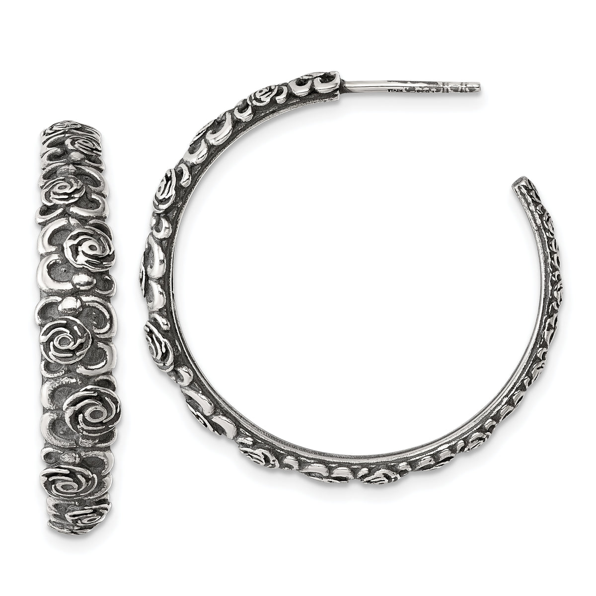 Sterling Silver Antiqued Graduated Floral 5.75 x 32mm C-Hoop Post Earrings