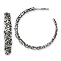 Sterling Silver Antiqued Graduated Floral 5.75 x 32mm C-Hoop Post Earrings