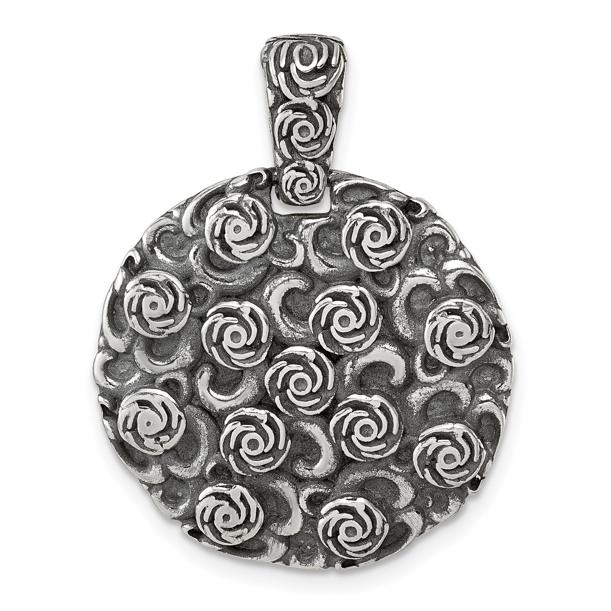 Sterling Silver Antiqued Floral 24mm Round Disc Pendant Main image