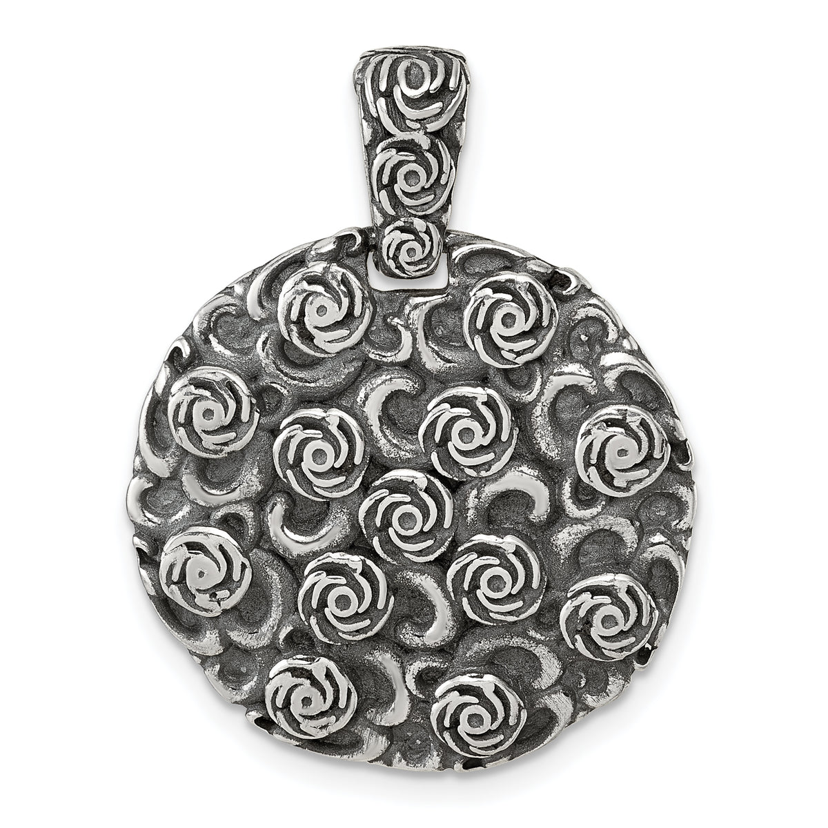 Sterling Silver Antiqued Floral 24mm Round Disc Pendant