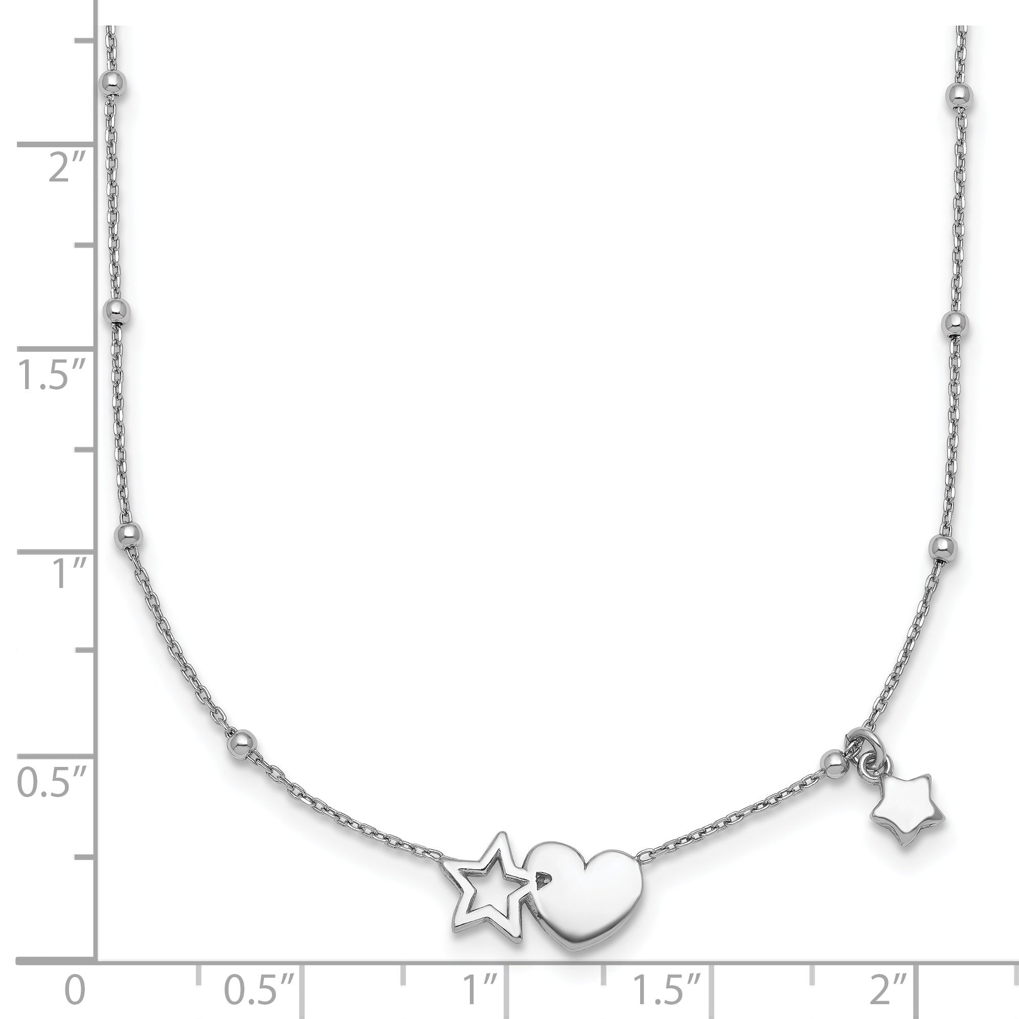Sterling Silver Rhodium-plated Polished Heart and Stars 16 inch with 2 inch Extender Necklace