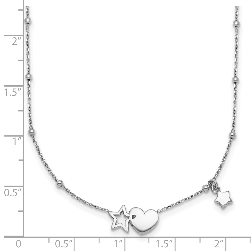 Sterling Silver Rhodium-plated Polished Heart and Stars 16 inch with 2 inch Extender Necklace