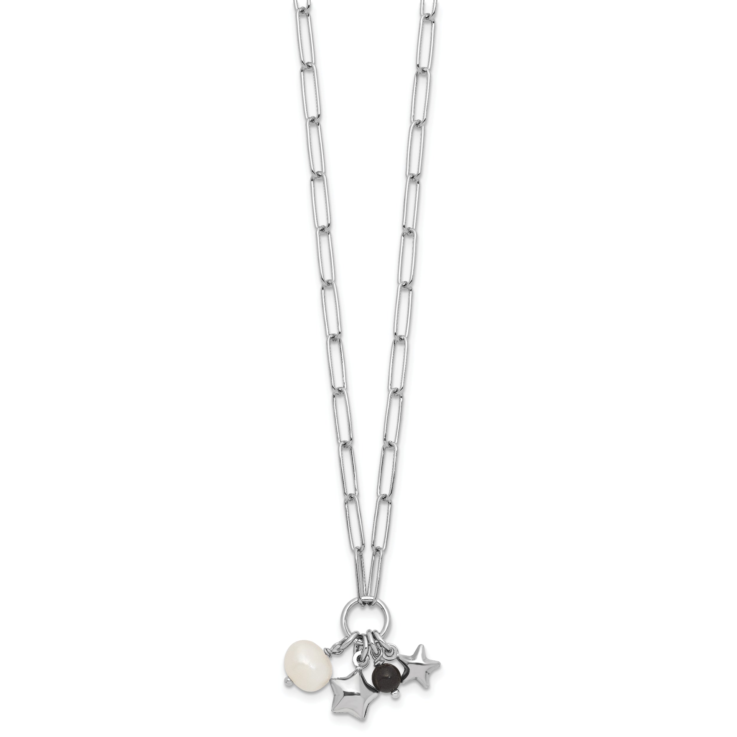 Sterling Silver Rhodium-plated Stars and White Freshwater Cultured Pearl and Black Acrylic Bead 17.75 inch with 2 inch Extender Paperclip Necklace