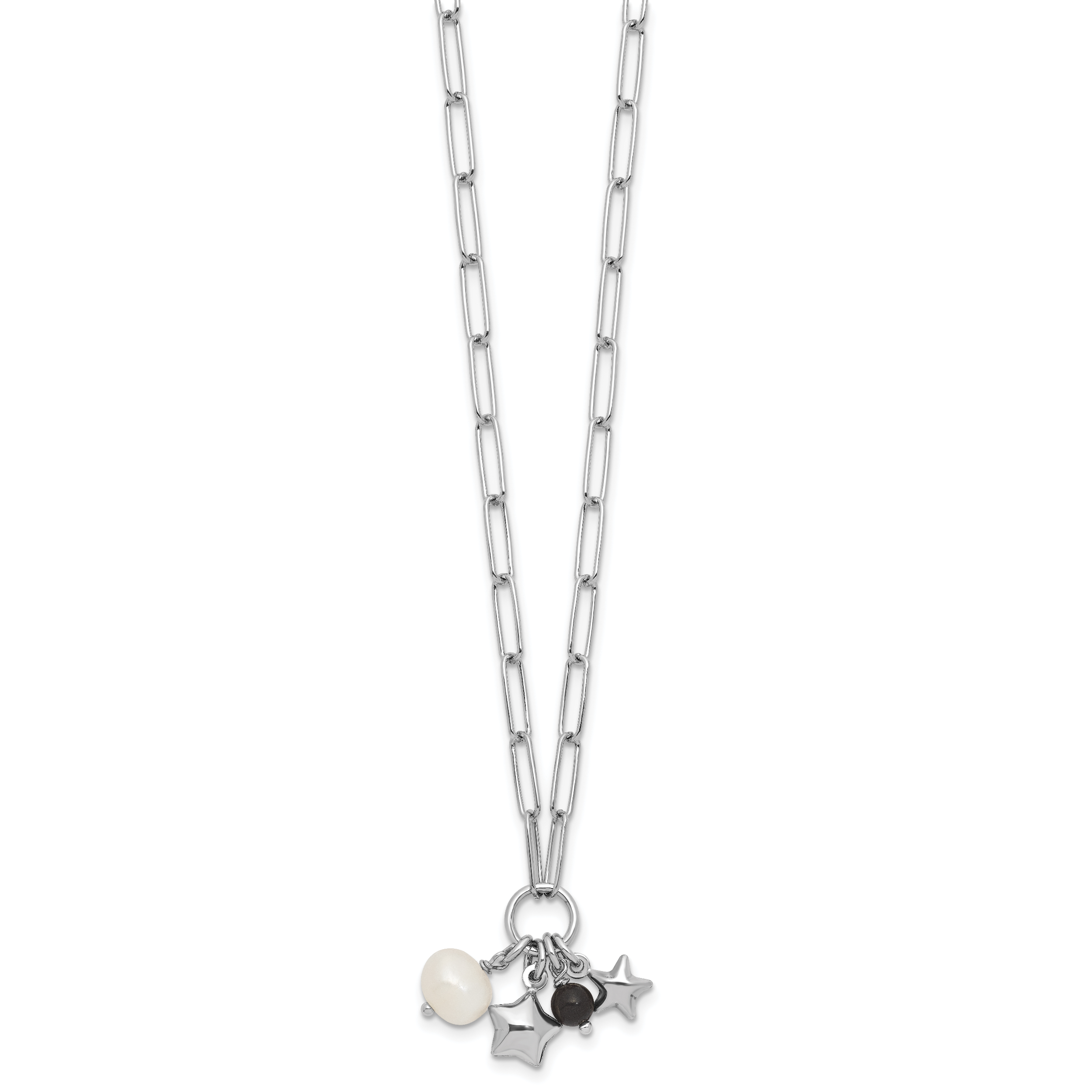 Sterling Silver Rhodium-plated Stars and White Freshwater Cultured Pearl and Black Acrylic Bead 17.75 inch with 2 inch Extender Paperclip Necklace Secondary image