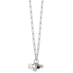 Sterling Silver Rhodium-plated Stars and White Freshwater Cultured Pearl and Black Acrylic Bead 17.75 inch with 2 inch Extender Paperclip Necklace