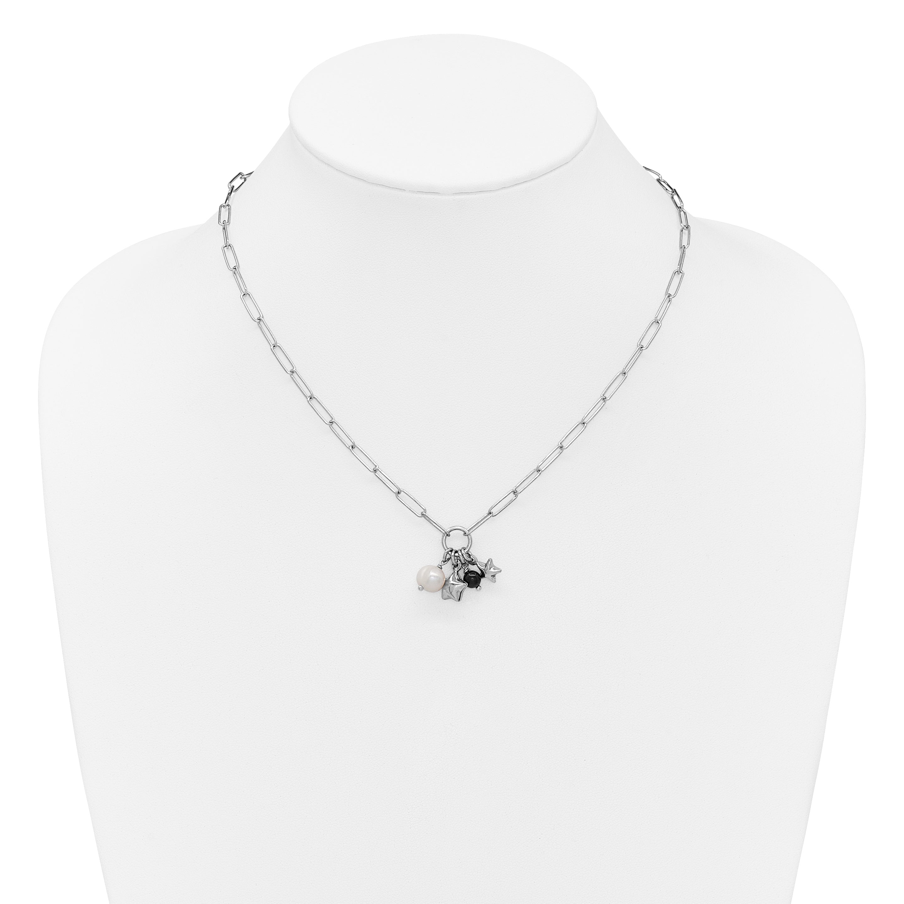 Sterling Silver Rhodium-plated Stars and White Freshwater Cultured Pearl and Black Acrylic Bead 17.75 inch with 2 inch Extender Paperclip Necklace