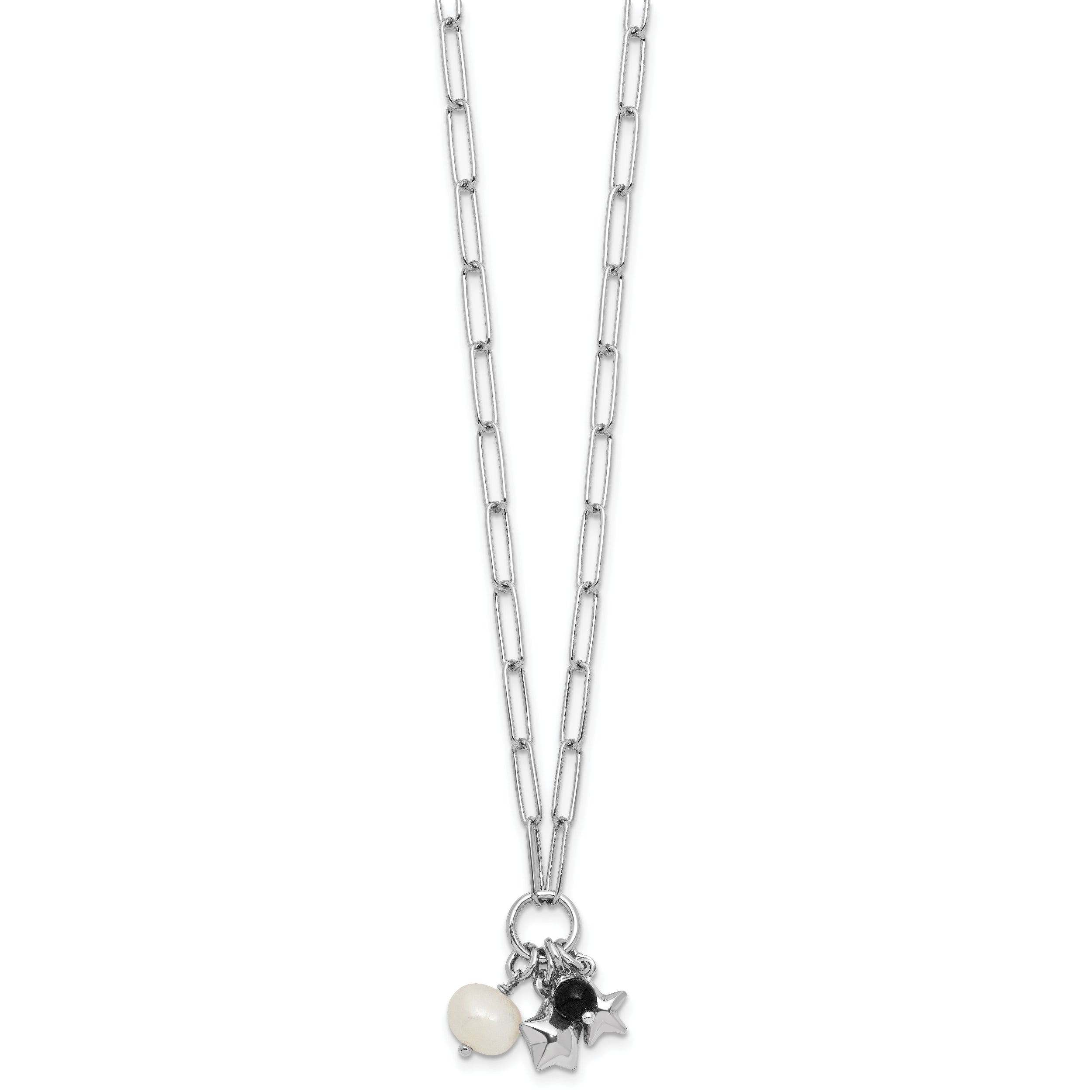 Sterling Silver Rhodium-plated Stars and White Freshwater Cultured Pearl and Black Acrylic Bead 17.75 inch with 2 inch Extender Paperclip Necklace