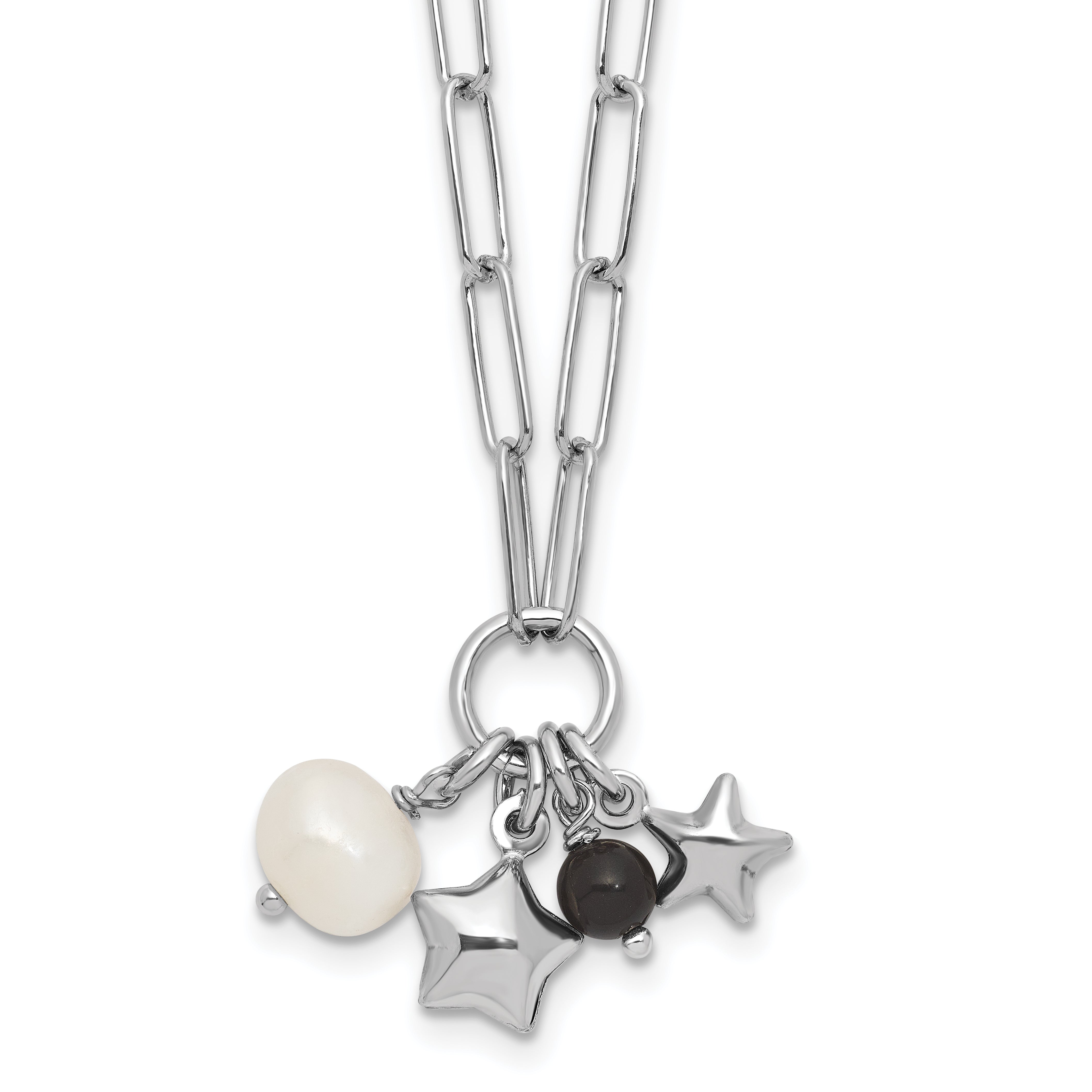 Sterling Silver Rhodium-plated Stars and White Freshwater Cultured Pearl and Black Acrylic Bead 17.75 inch with 2 inch Extender Paperclip Necklace Main image