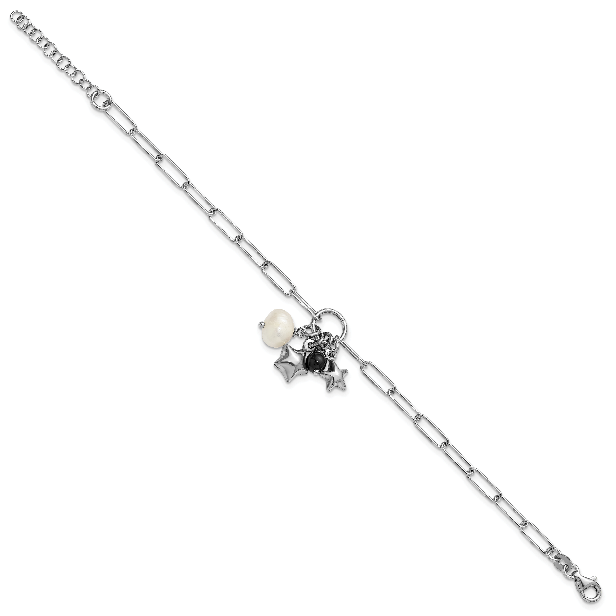 Sterling Silver Rhodium-plated Stars and White Freshwater Cultured Pearl and Black Acrylic Bead 6.75 inch with 1 inch Extender Paperclip Bracelet Secondary image