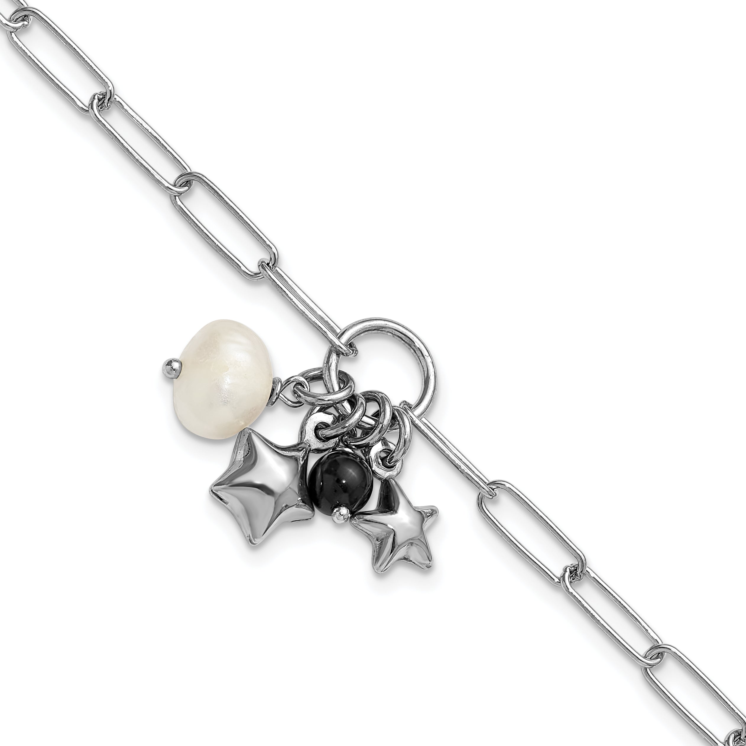 Sterling Silver Rhodium-plated Stars and White Freshwater Cultured Pearl and Black Acrylic Bead 6.75 inch with 1 inch Extender Paperclip Bracelet Main image
