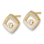 Sterling Silver Gold-tone CZ and Champagne Enamel Polished Square Post Earrings