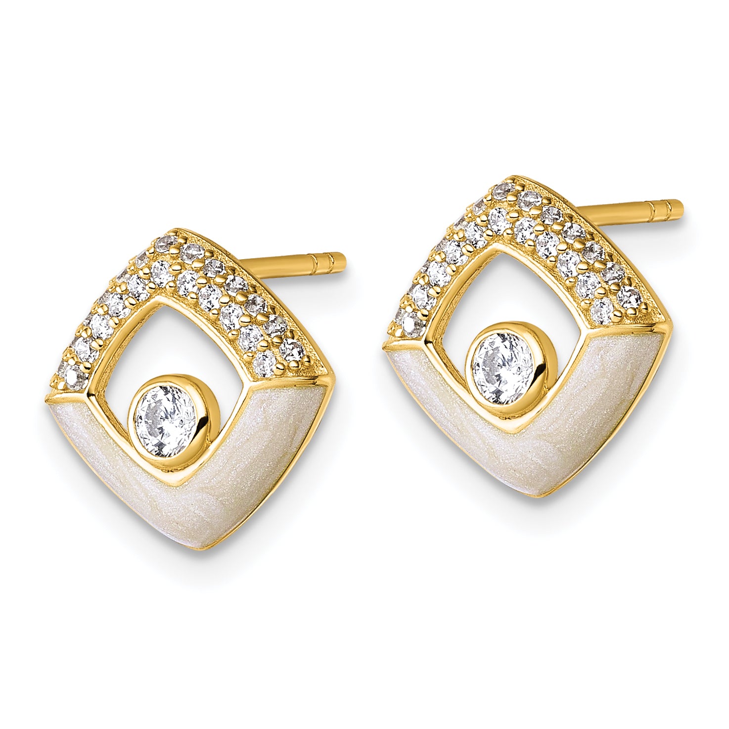 Sterling Silver Gold-tone CZ and Champagne Enamel Polished Square Post Earrings