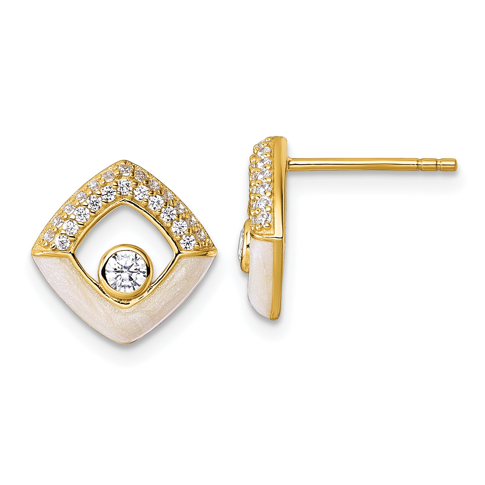 Sterling Silver Gold-tone CZ and Champagne Enamel Polished Square Post Earrings Main image