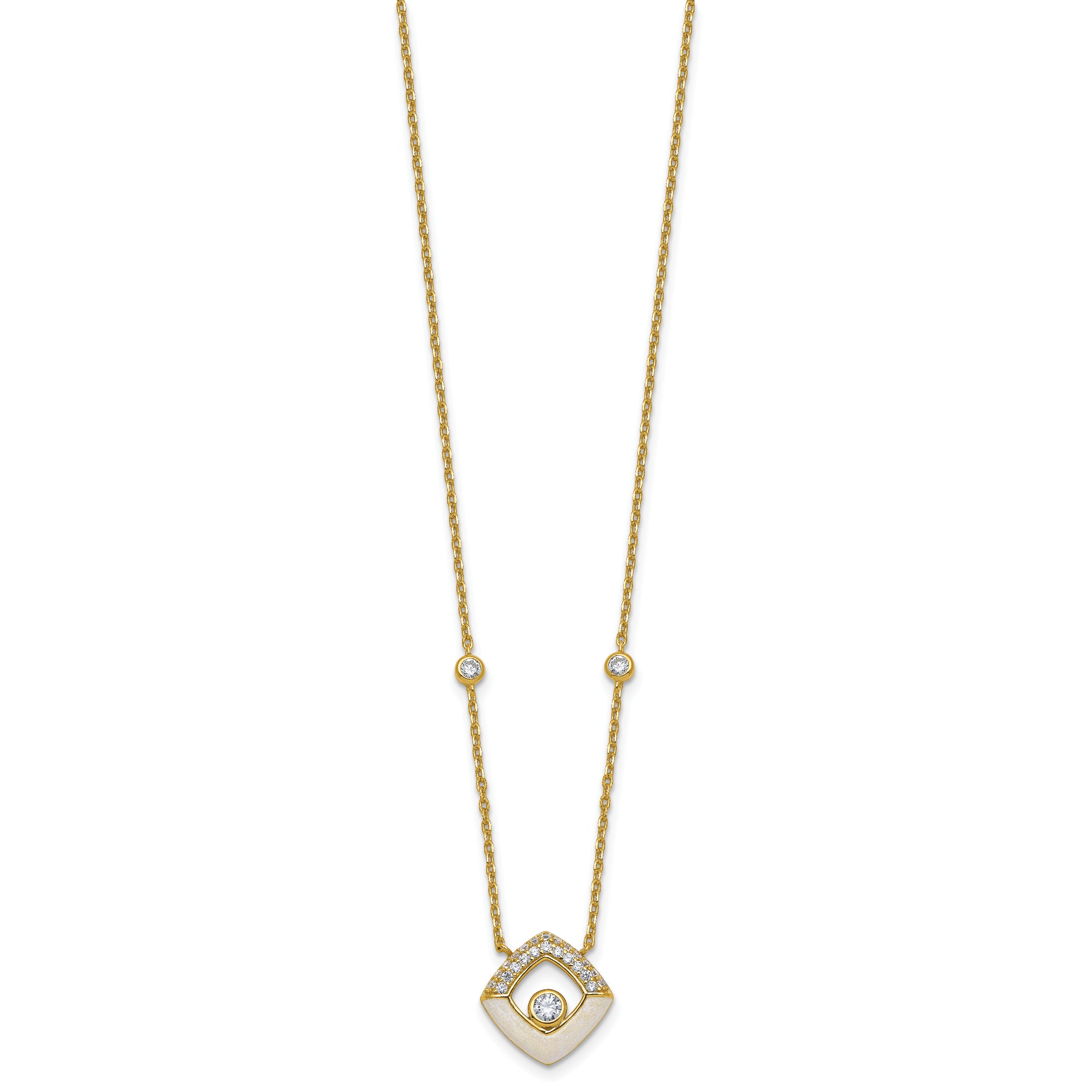Sterling Silver Gold-tone CZ and Champagne Enamel Square 16 inch with 1.5 inch Extension Necklace