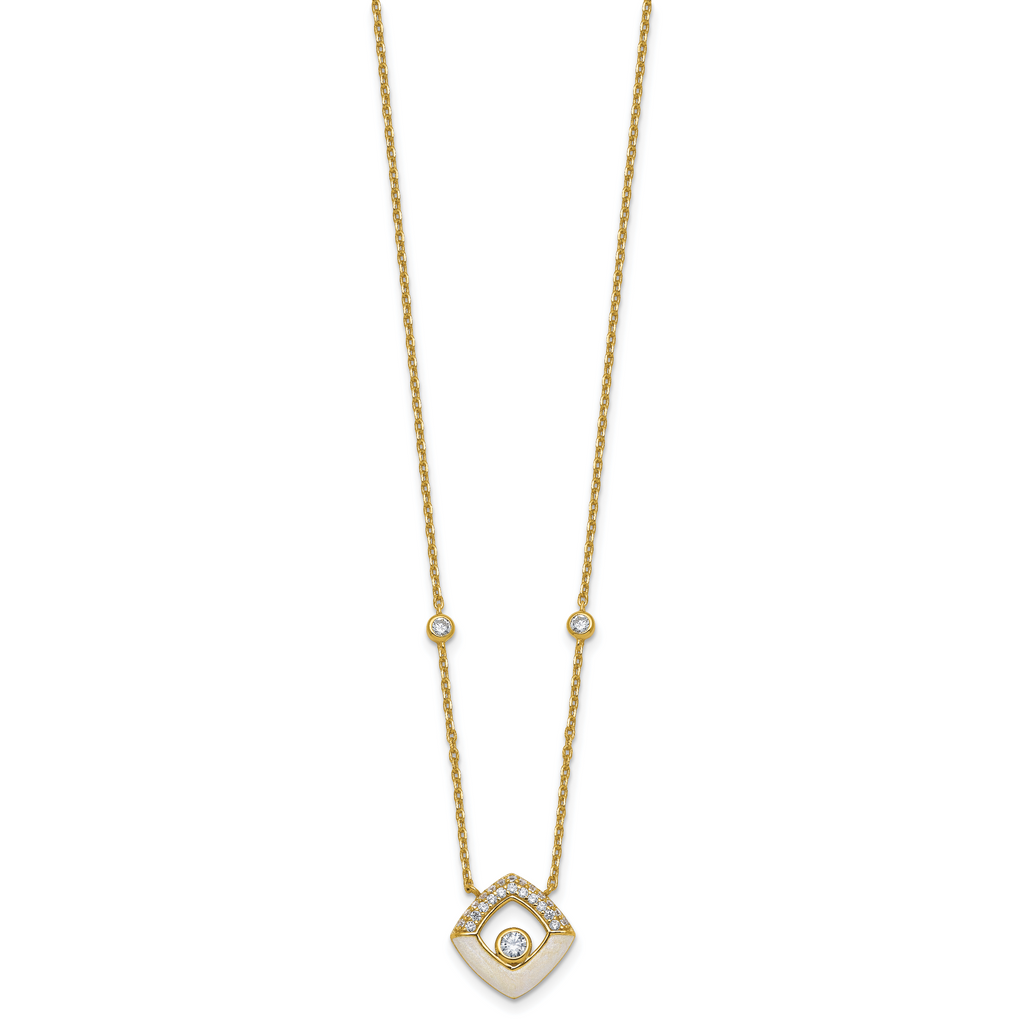 Sterling Silver Gold-tone CZ and Champagne Enamel Square 16 inch with 1.5 inch Extension Necklace