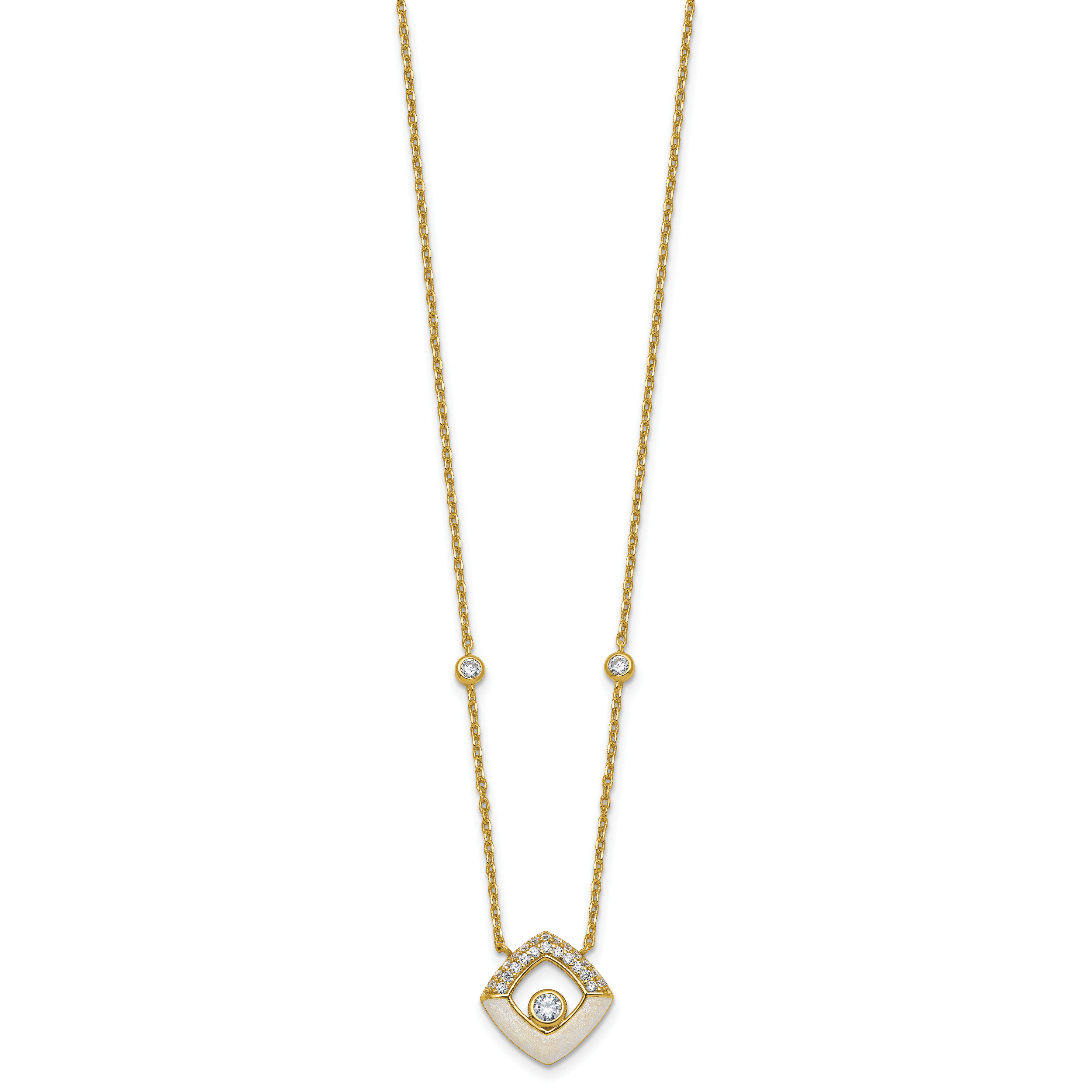 Sterling Silver Gold-tone CZ and Champagne Enamel Square 16 inch with 1.5 inch Extension Necklace