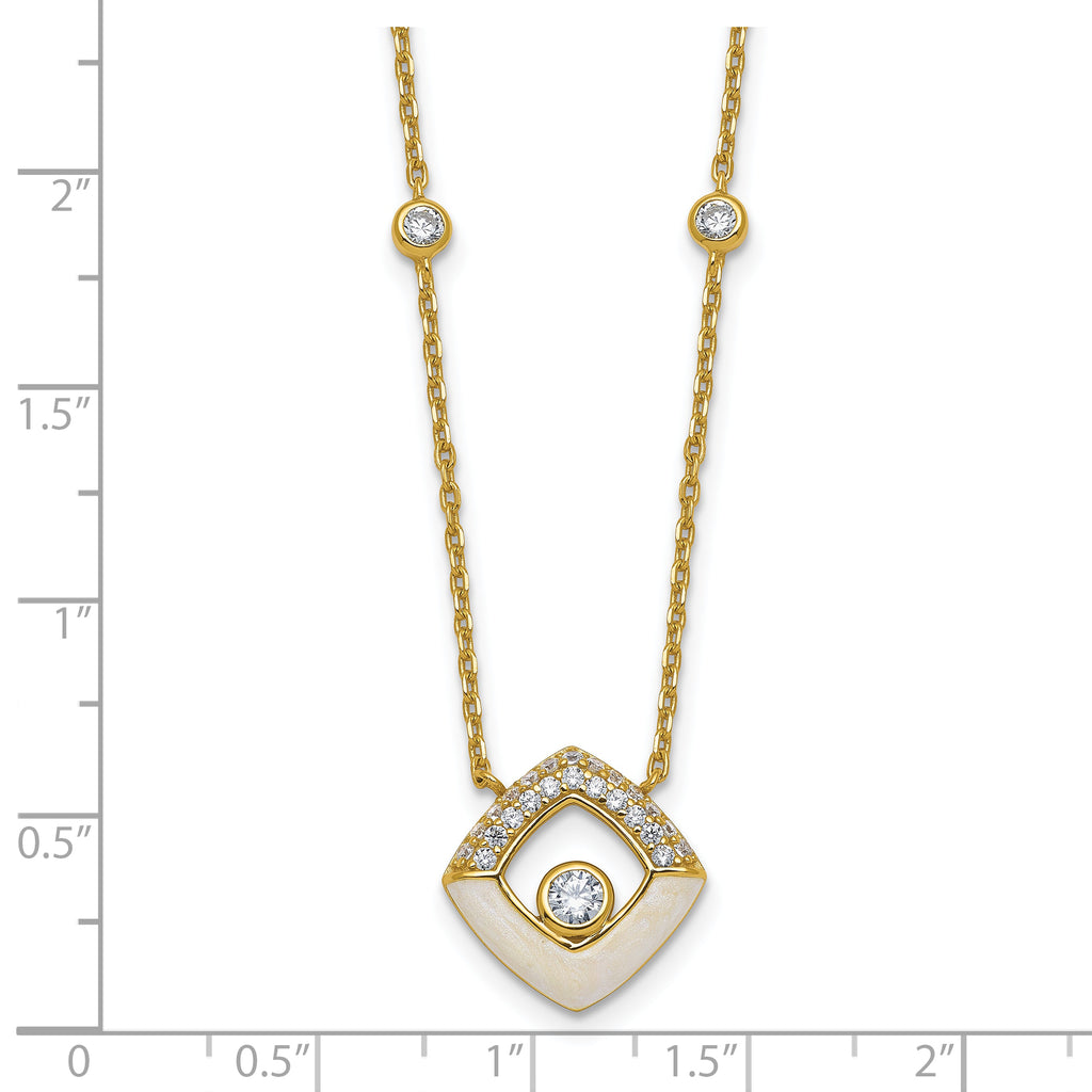 Sterling Silver Gold-tone CZ and Champagne Enamel Square 16 inch with 1.5 inch Extension Necklace